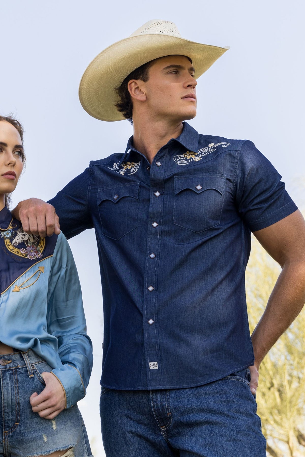 Kimes Ranch Leland Indigo short sleeve dress shirt with embroidered yoke and two front pockets