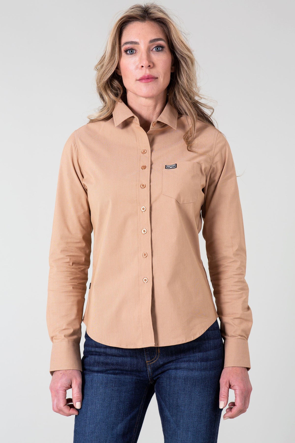 Kimes Ranch Ladies Linville top in Desert Brown with a button front and chest pocket