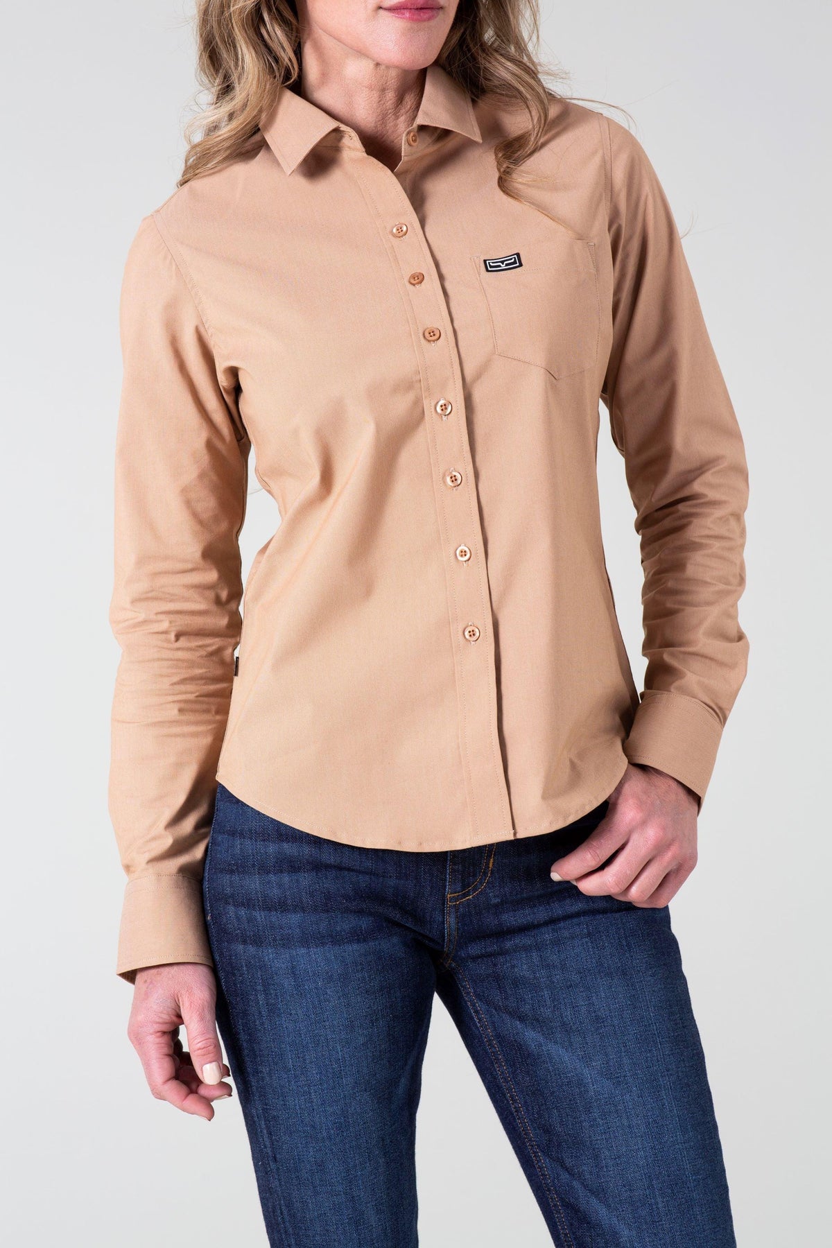 Kimes Ranch Ladies Linville long sleeve button-up top in Desert Brown with a chest pocket and logo