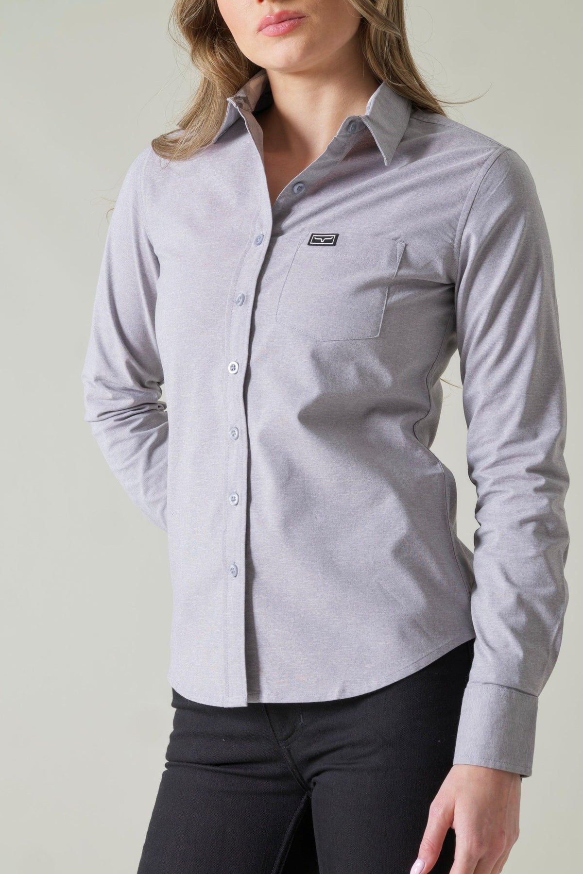 Kimes Ranch Ladies Linville long sleeve button-up top in Grey with a chest pocket and logo