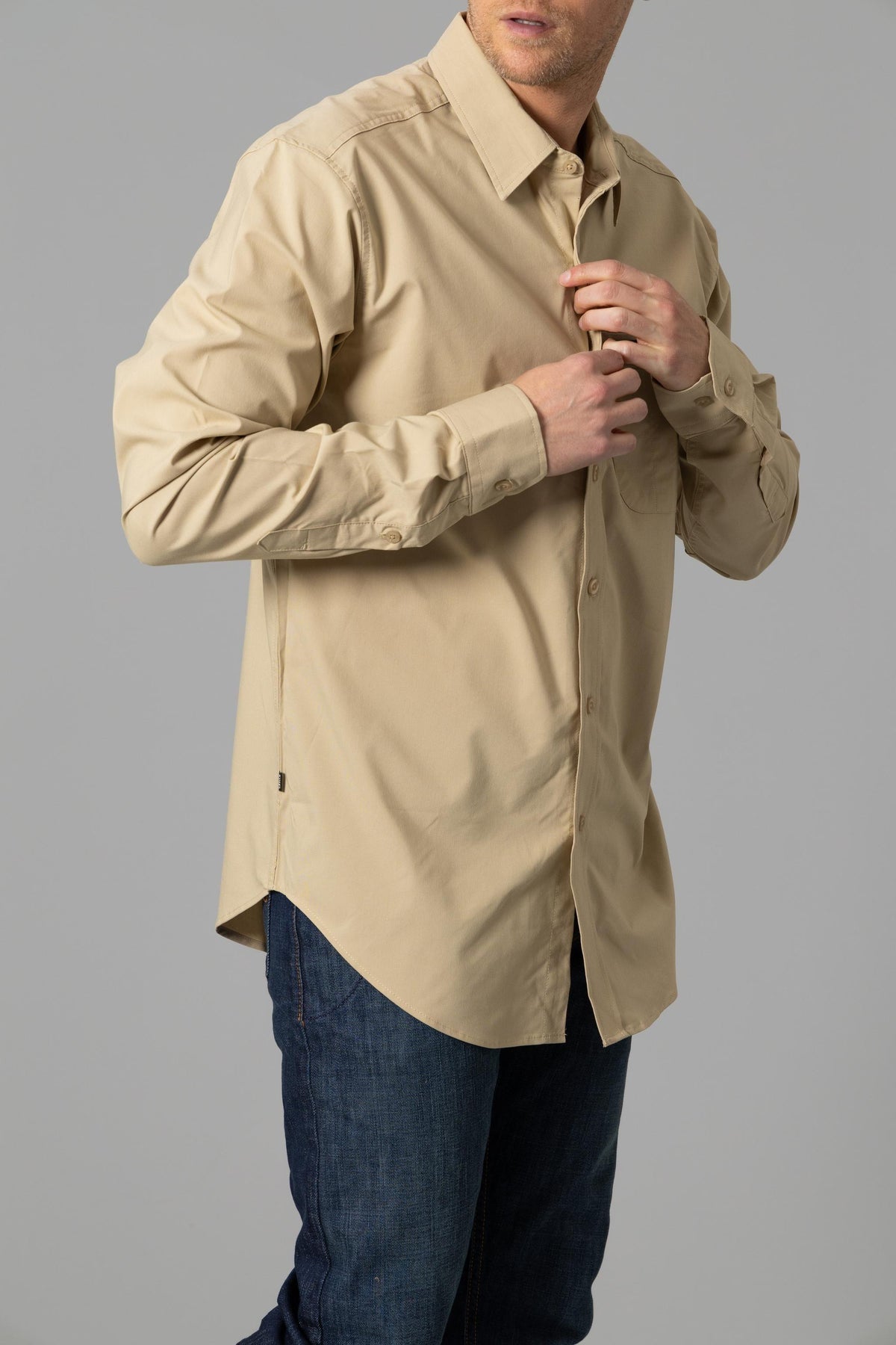 Kimes Ranch Linville Long Sleeve Dress Shirt in Khaki with a button-down front and long sleeves
