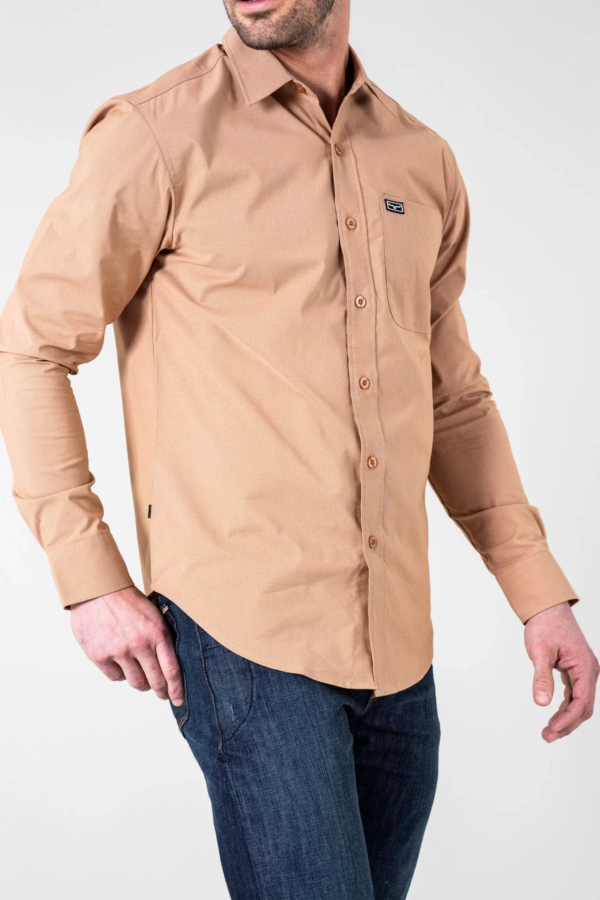 Kimes Ranch Linville Long Sleeve Dress Shirt in Desert Brown with a chest pocket and logo patch