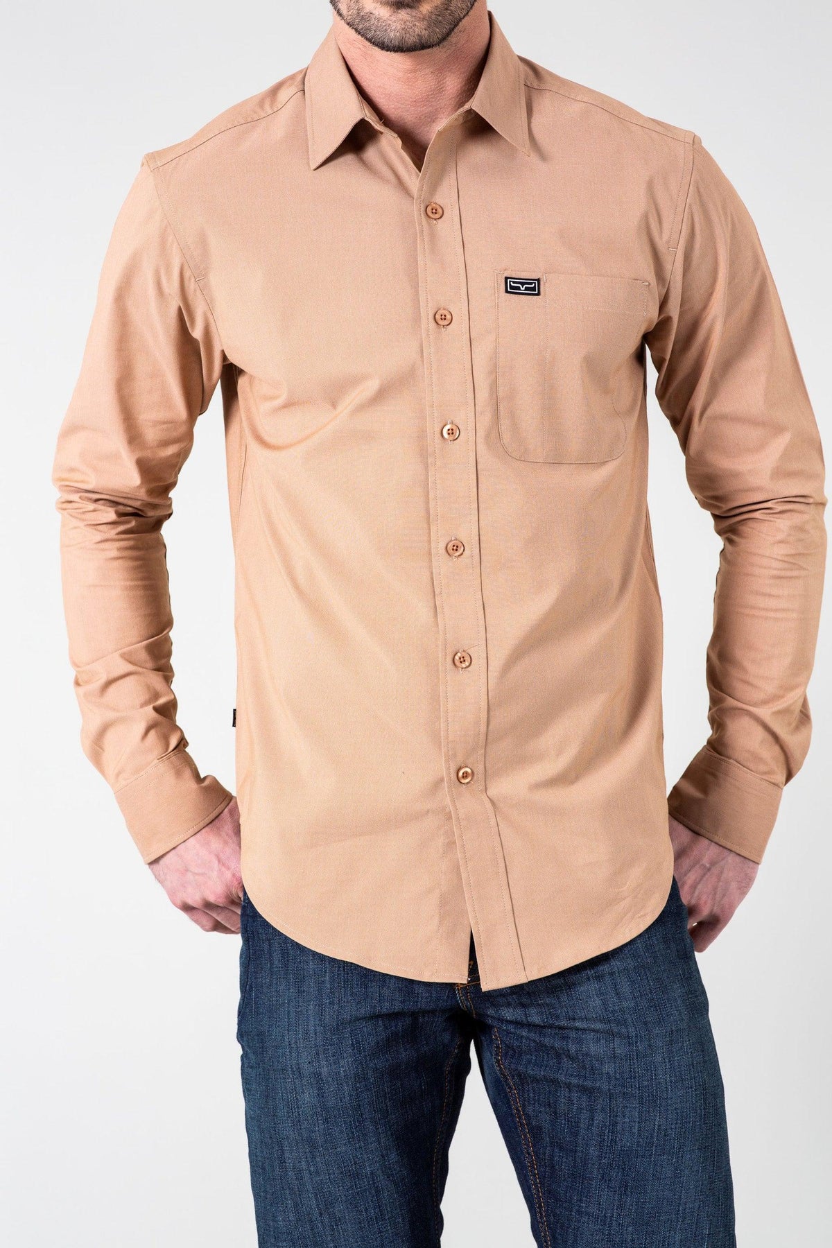 Kimes Ranch Linville Long Sleeve Dress Shirt in Desert Brown with a chest pocket and logo patch
