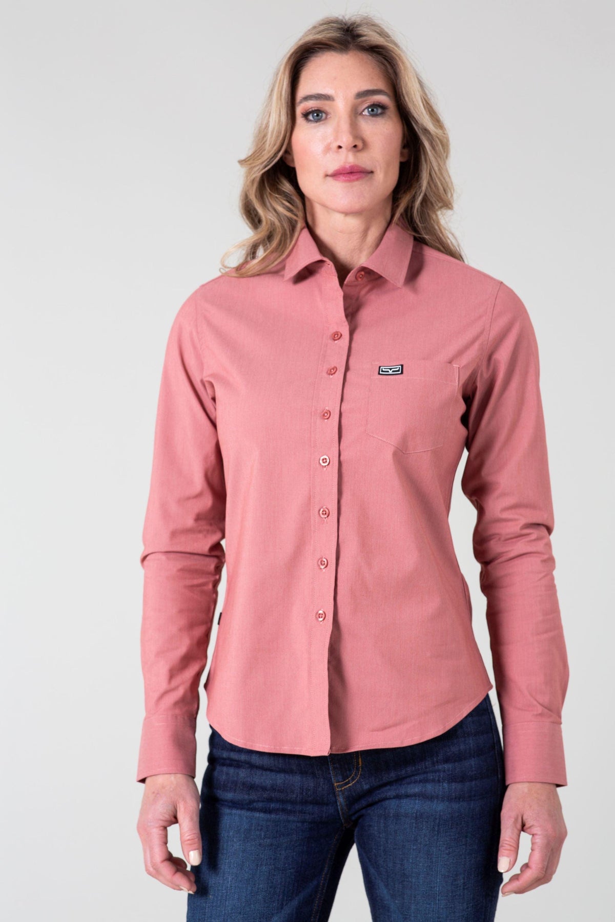 Kimes Ranch Ladies Linville long sleeve button-up top in Red with a chest pocket and logo