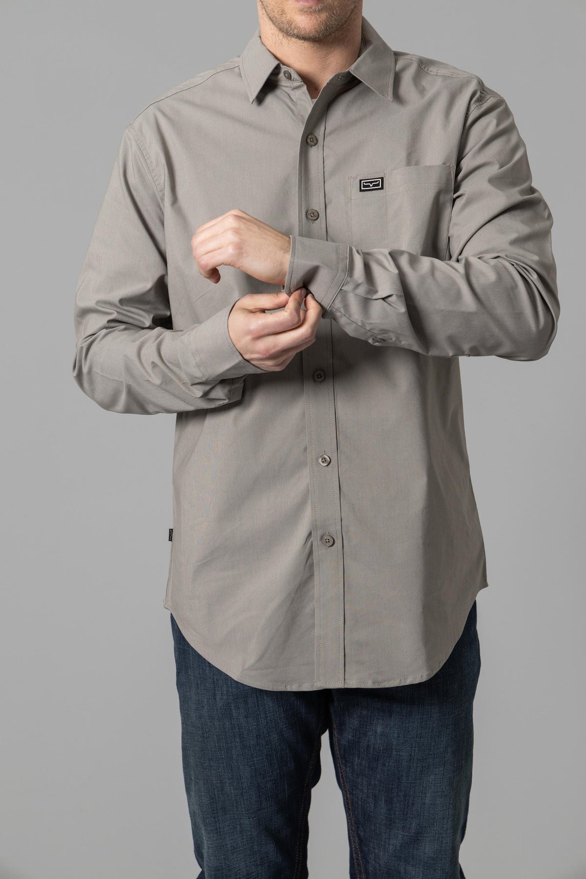 Kimes Ranch Linville Long Sleeve Dress Shirt in Sage with a button-down collar and chest pocket