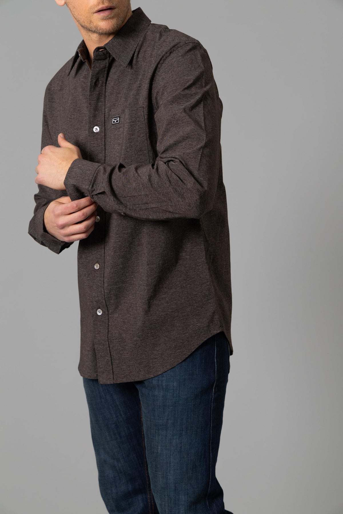 Kimes Ranch Linville Long Sleeve Dress Shirt in Tobacco, side view, with a button-down collar and chest pocket