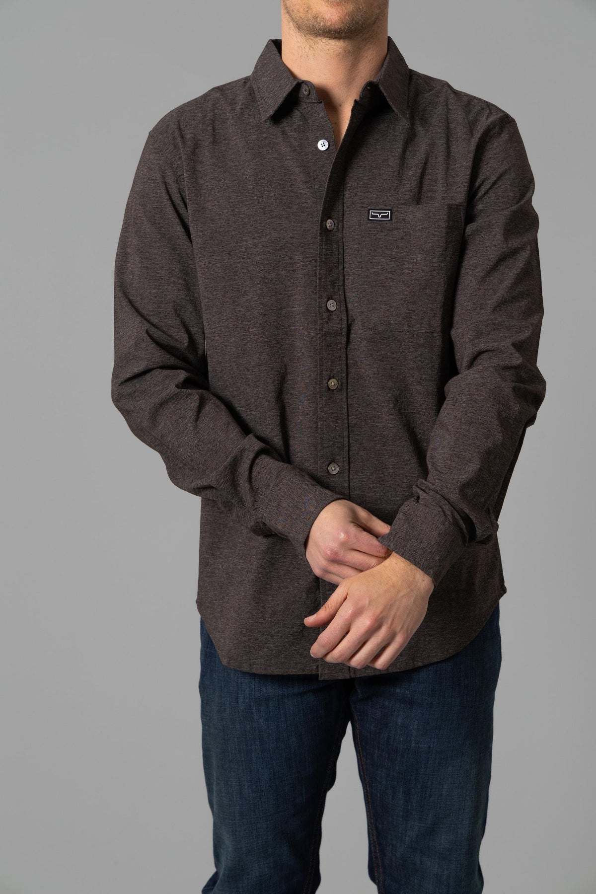 Kimes Ranch Linville Long Sleeve Dress Shirt in Tobacco with a chest pocket and logo