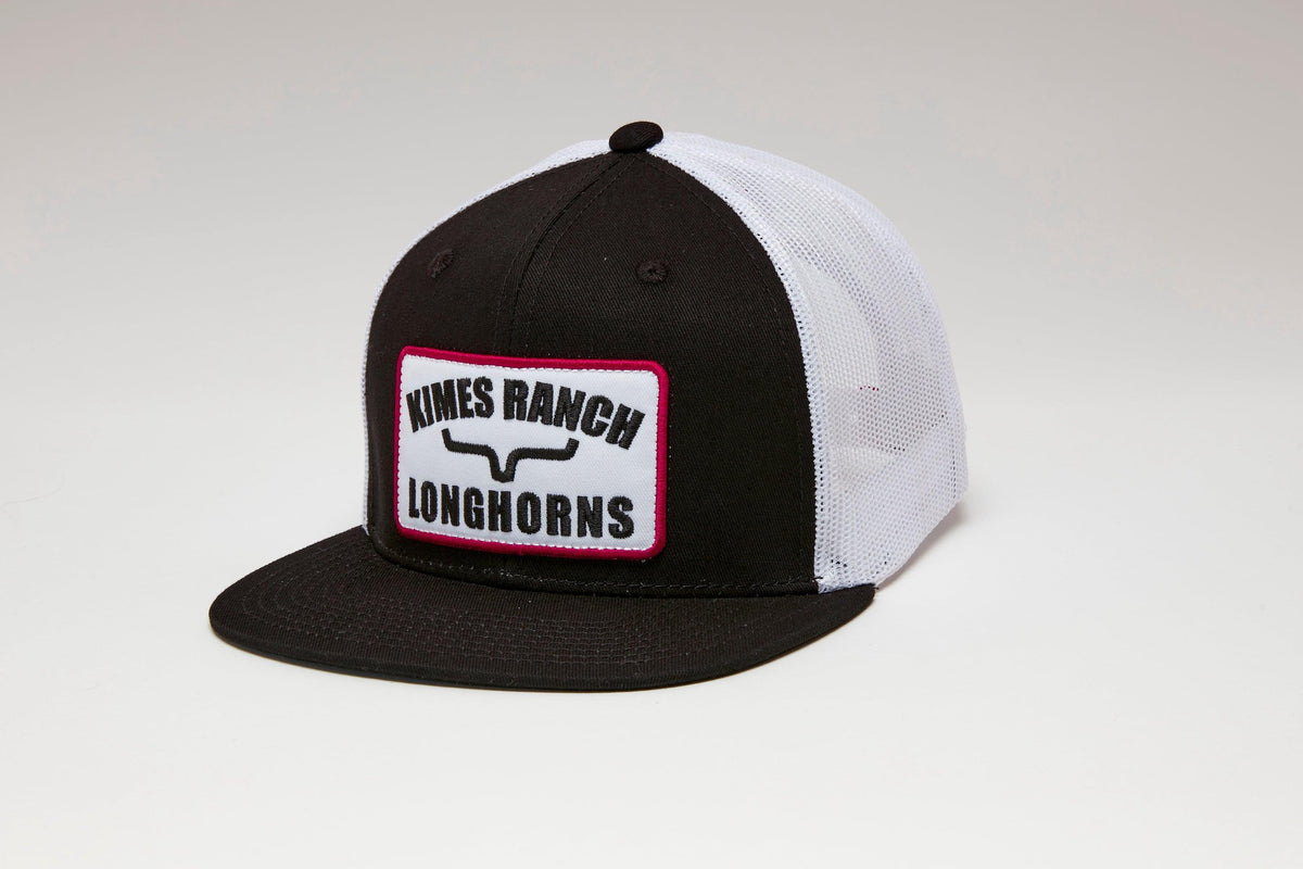 Kimes Ranch LJC Trucker Hat in Black with white mesh back and a front patch featuring the Kimes Ranch logo