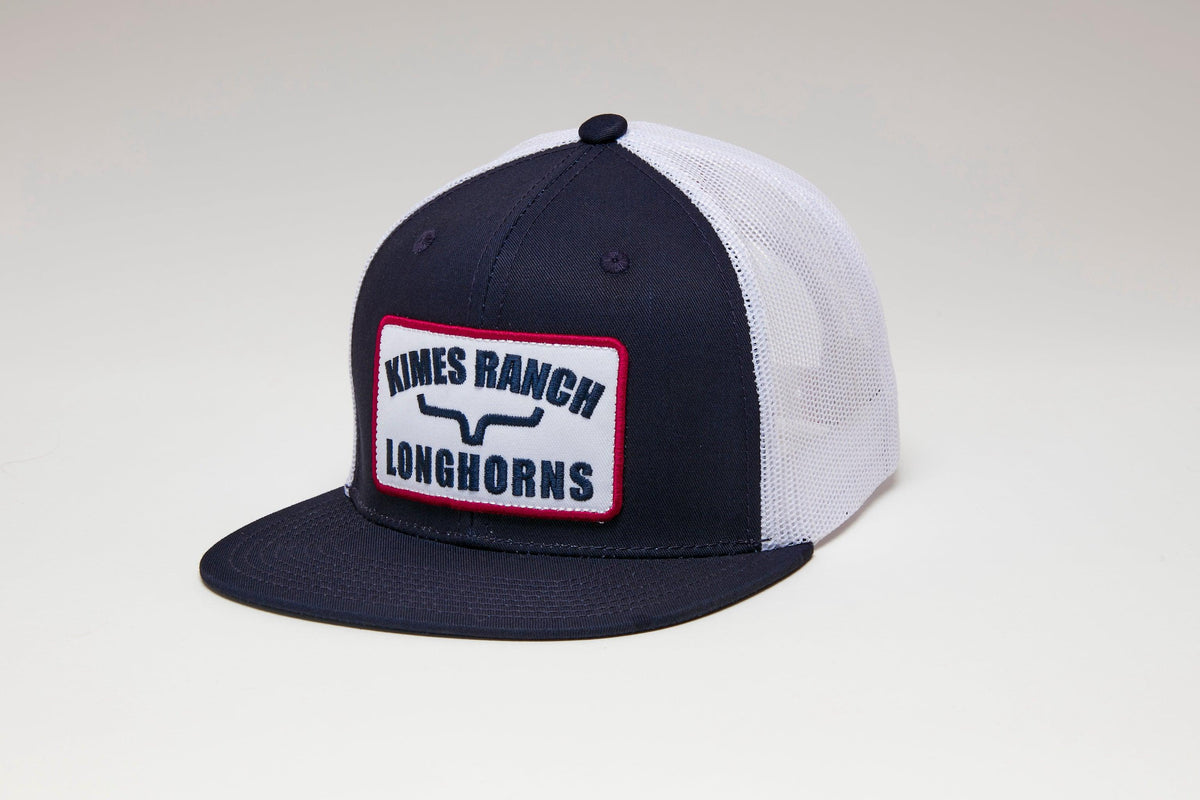 Kimes Ranch LJC Trucker Hat in Navy with white mesh back and a front patch featuring the Kimes Ranch logo