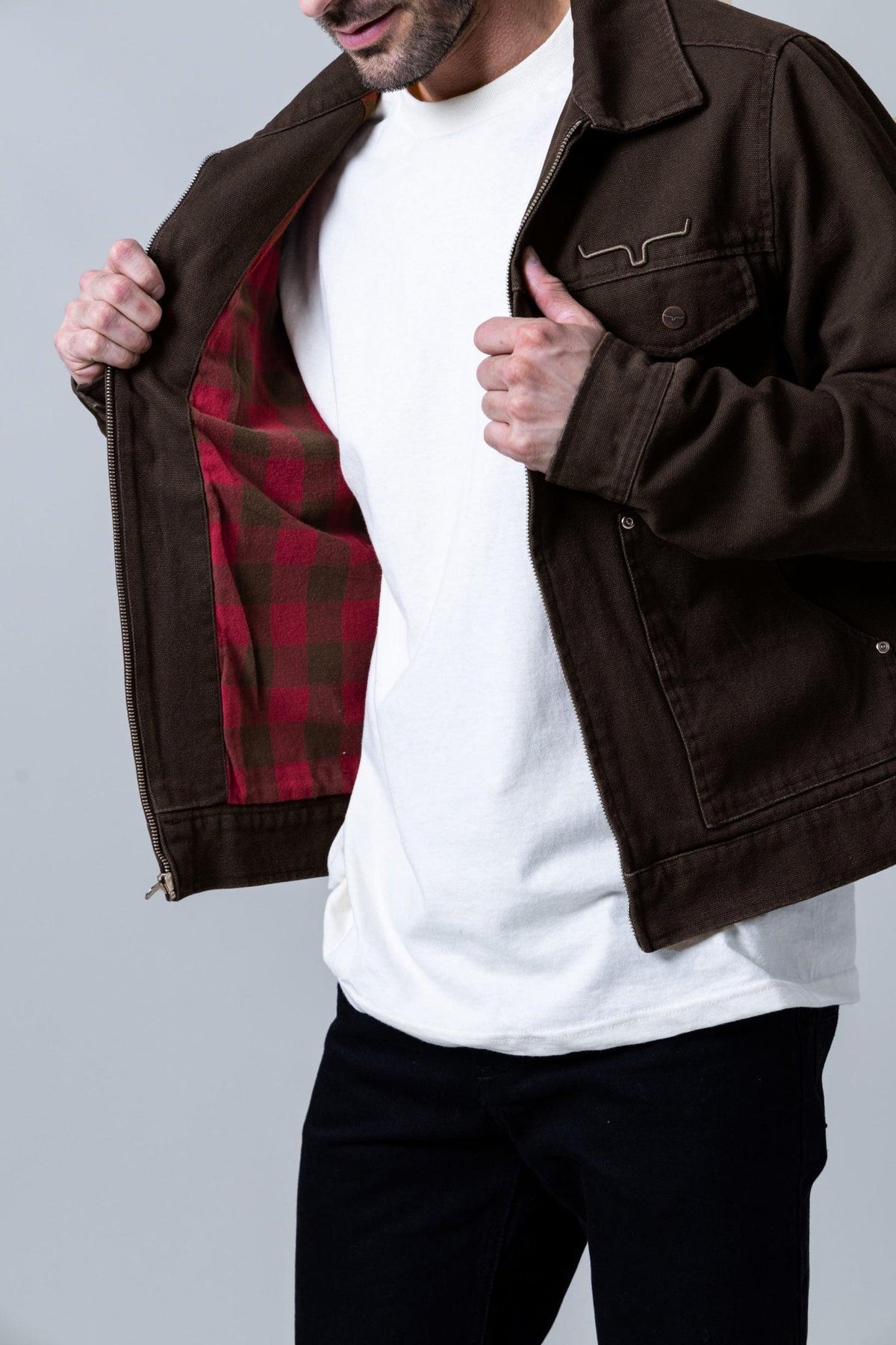 Kimes Ranch Logan Jacket in Dark Brown with red and brown buffalo plaid lining