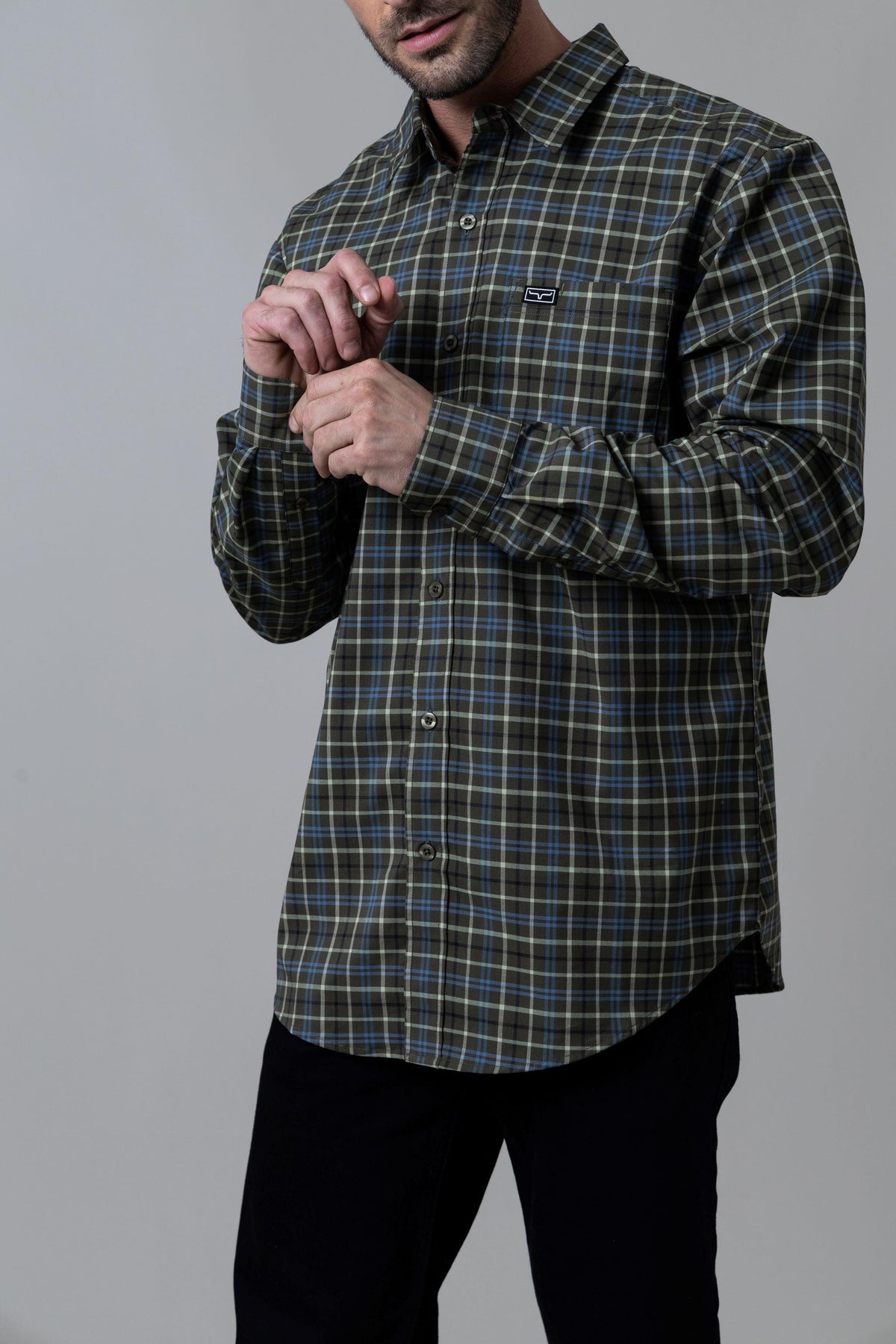 Kimes Ranch Lucas dress shirt in Army with a plaid pattern and chest pocket