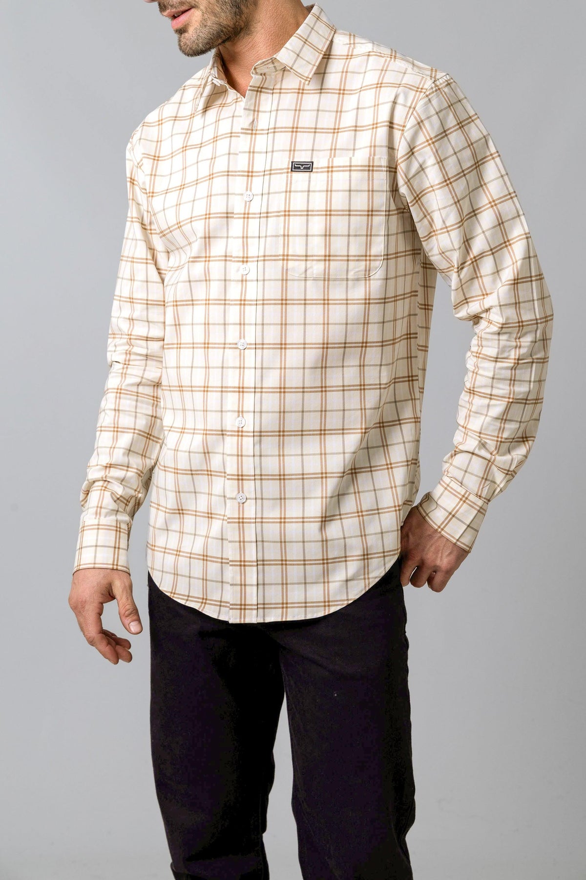 Kimes Ranch Lucas long sleeve dress shirt in Natural with a brown plaid pattern and a chest pocket