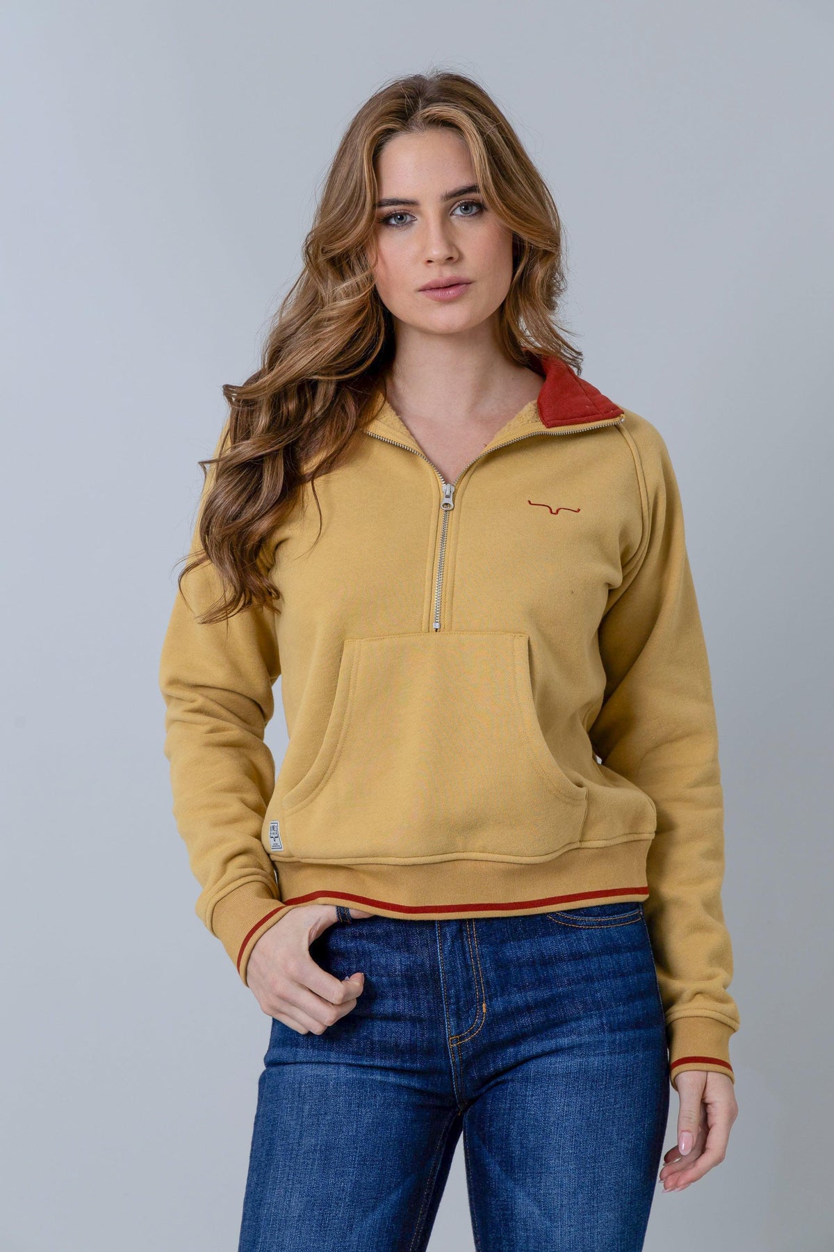 Kimes Ranch Malta Cropped Quarter Zip Sweatshirt in Maize with red collar and front kangaroo pocket