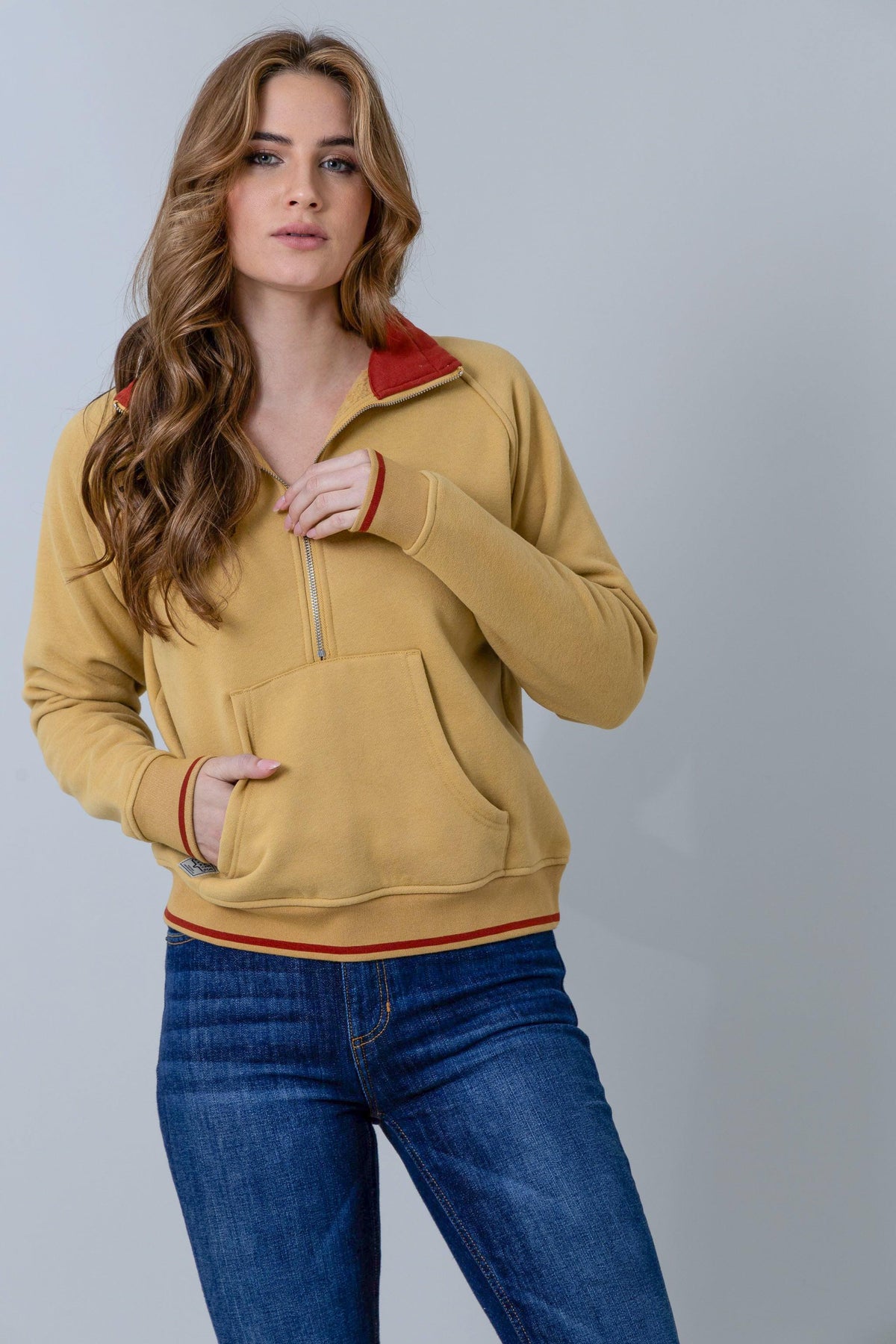 Kimes Ranch Malta Cropped Quarter Zip Sweatshirt in Maize with red collar and cuffs and front pocket
