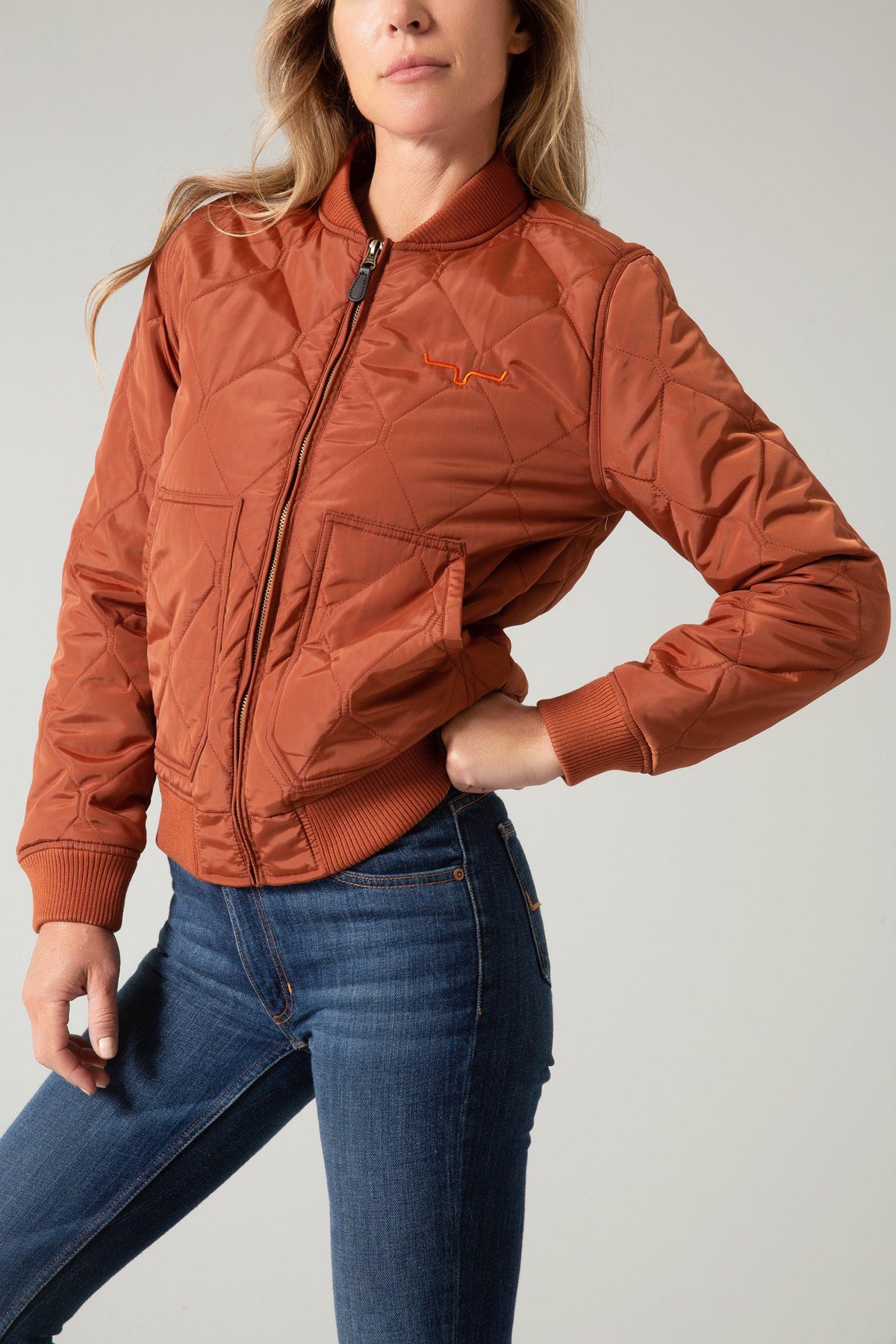 Kimes Ranch Marino Bomber Jacket in Dark Rust with diamond quilting and embroidered logo