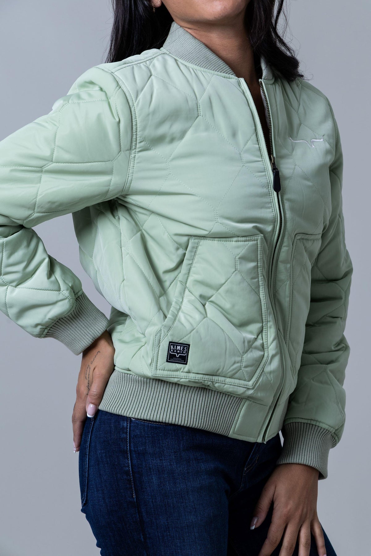 Kimes Ranch Marino Bomber Jacket in Sage with diamond quilting and ribbed cuffs