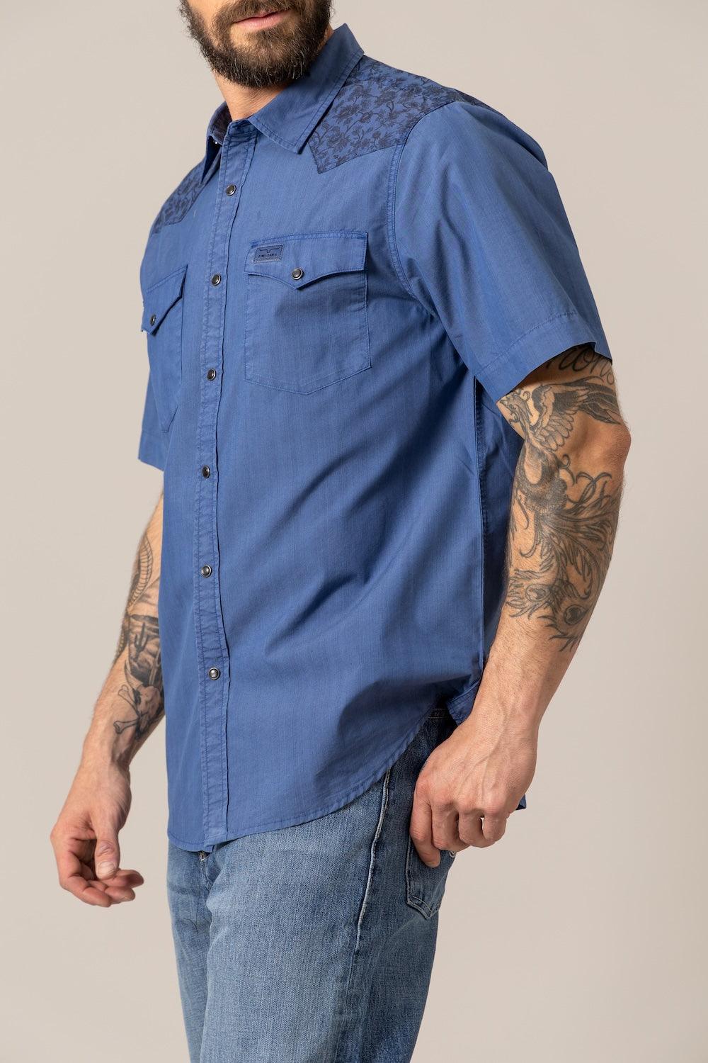 Kimes Ranch Medina dress shirt in Navy, side view, with short sleeves and patterned yoke