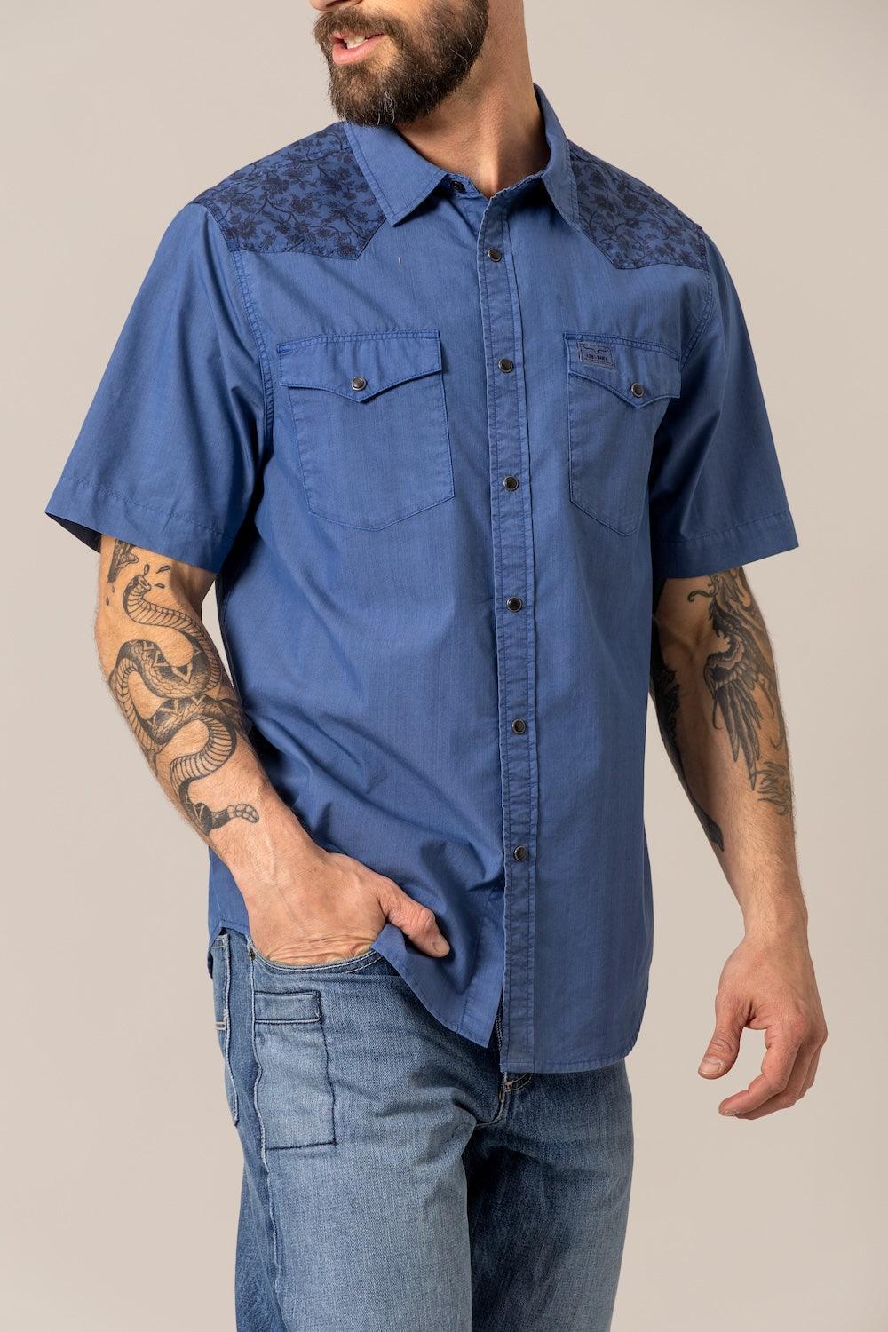 Kimes Ranch Medina Navy short sleeve dress shirt with contrast yoke and two chest pockets