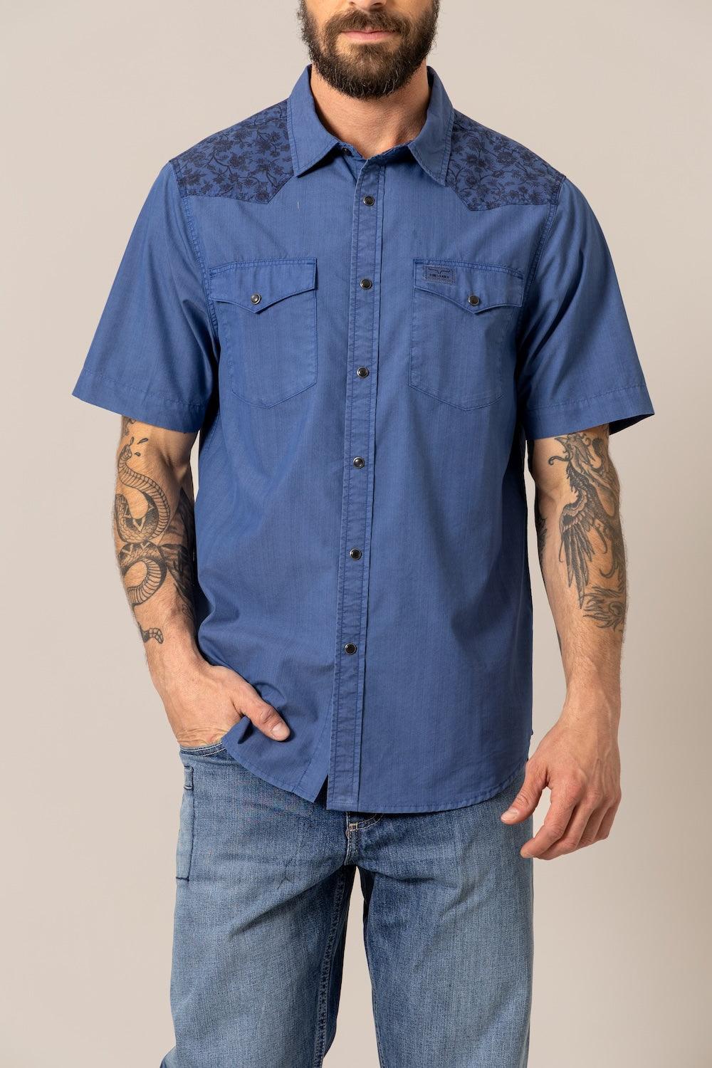 Kimes Ranch Medina short sleeve dress shirt in Navy with floral yoke and two chest pockets