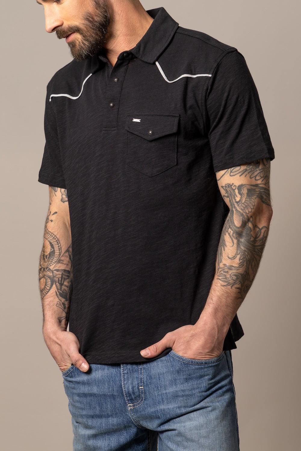 Kimes Ranch G-2 Polo in Black, side view, with white contrast stitching on the yoke and a chest pocket