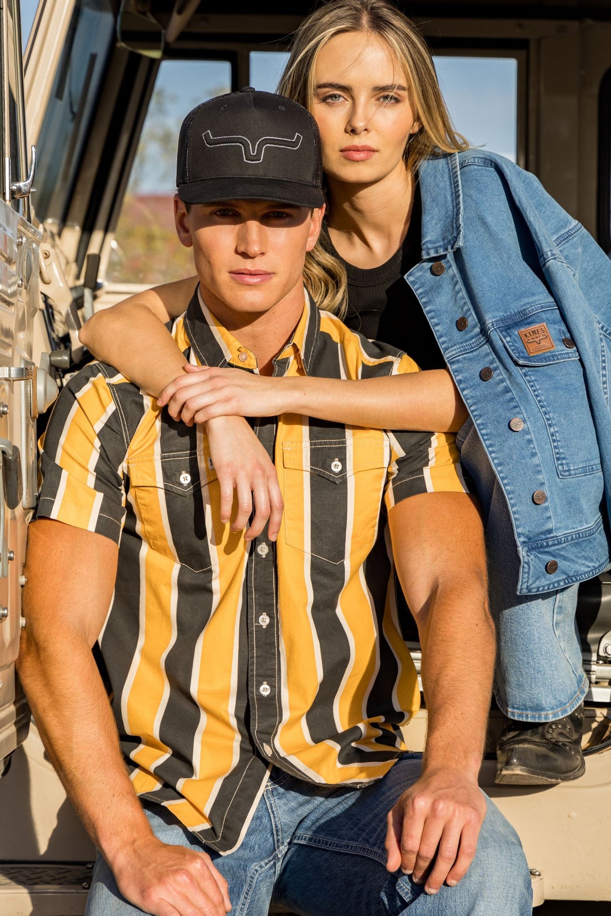 Kimes Ranch Stoppy dress shirt in Black with yellow and white vertical stripes and two chest pockets