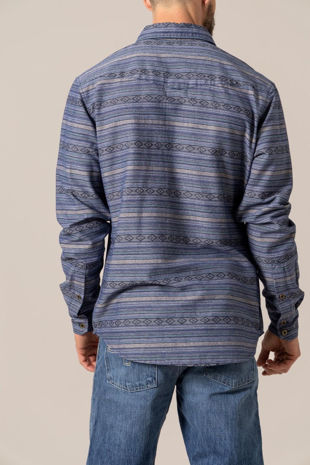 Kimes Ranch Ortega dress shirt in Indigo, back view, with horizontal stripes and geometric patterns on the back