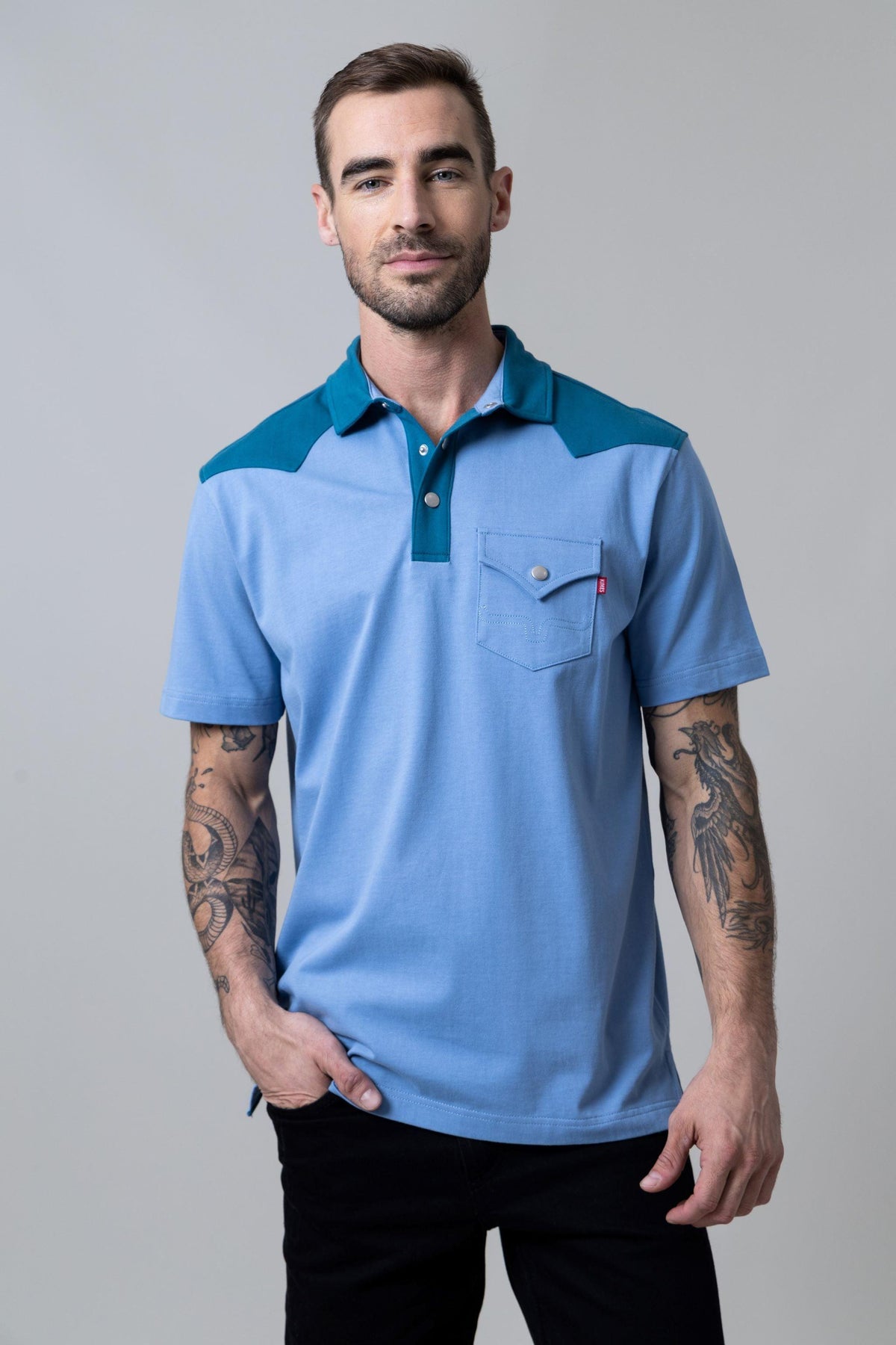 Kimes Ranch Gallup Polo in Light Blue with teal yoke and collar and chest pocket