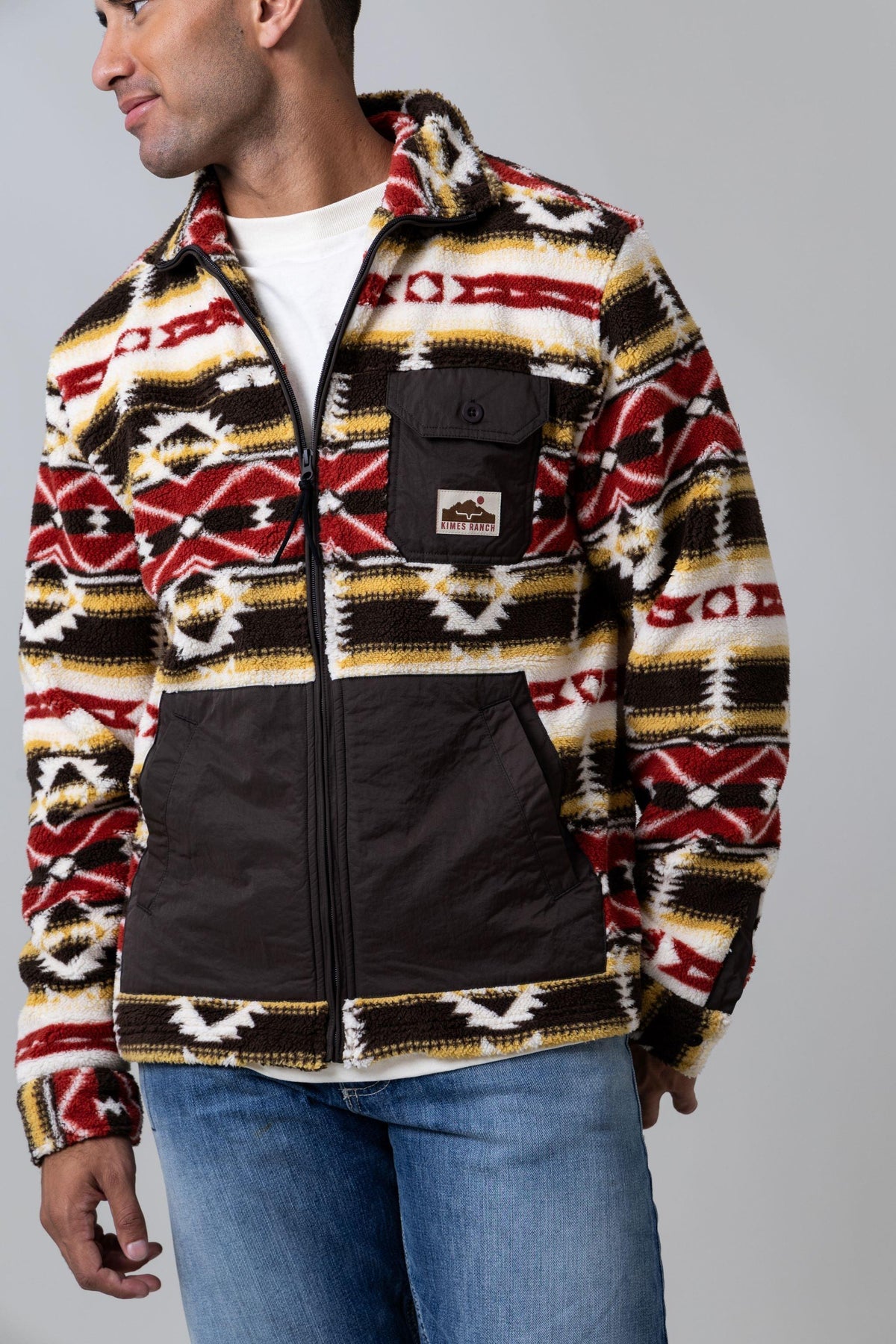 Kimes Ranch Maxwell sweatshirt in Brown with a red and yellow geometric pattern and a black front panel with a chest pocket