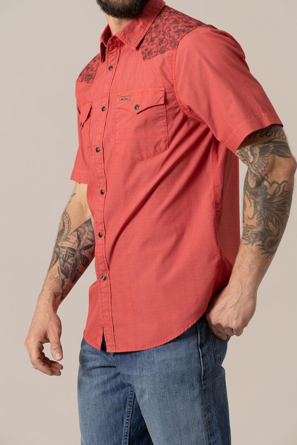 Kimes Ranch Medina, side view, Red short sleeve dress shirt with embroidered yoke and two chest pockets