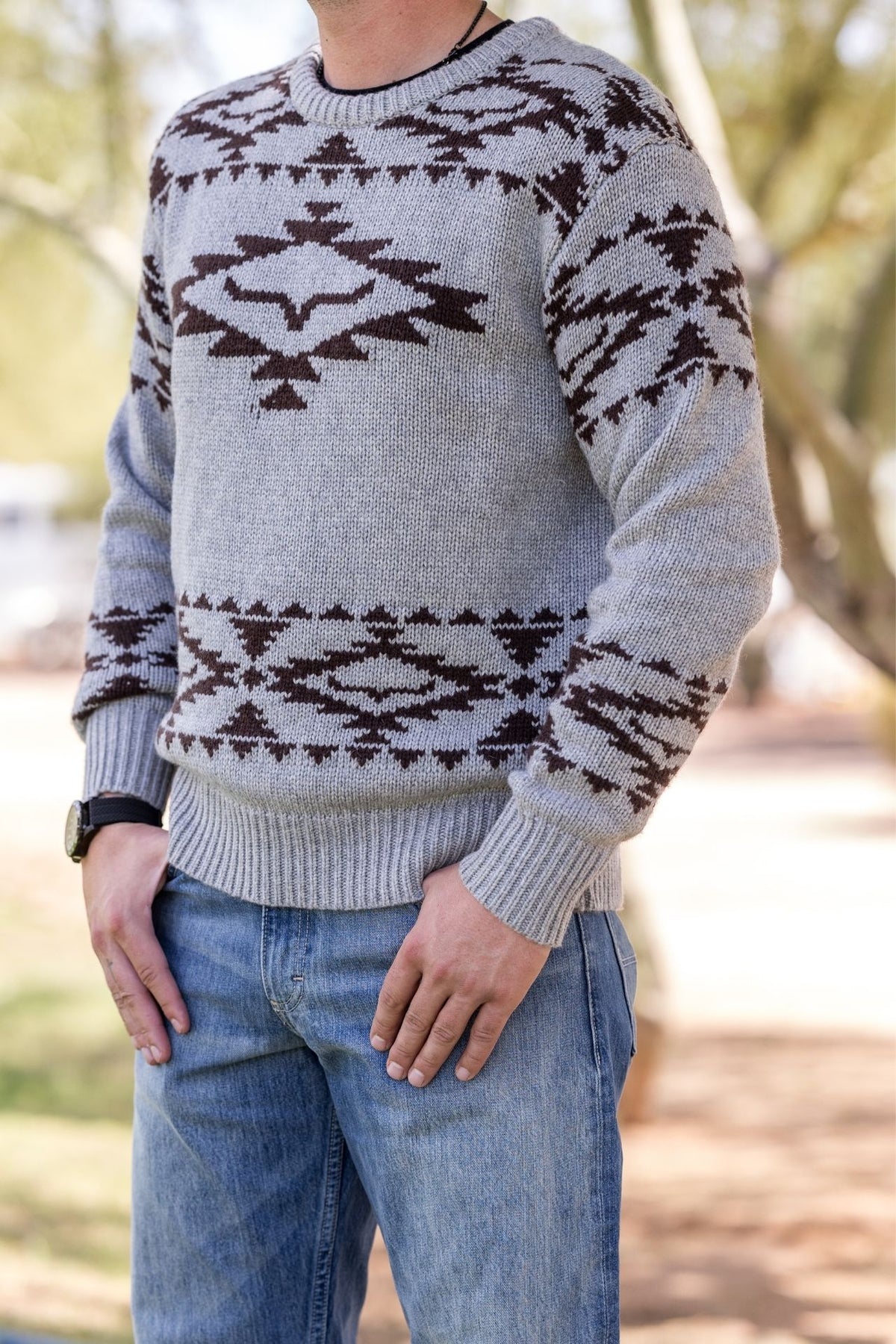 Kimes Ranch Mescalero Crew sweatshirt in Grey Heather with a brown geometric pattern and crewneck collar