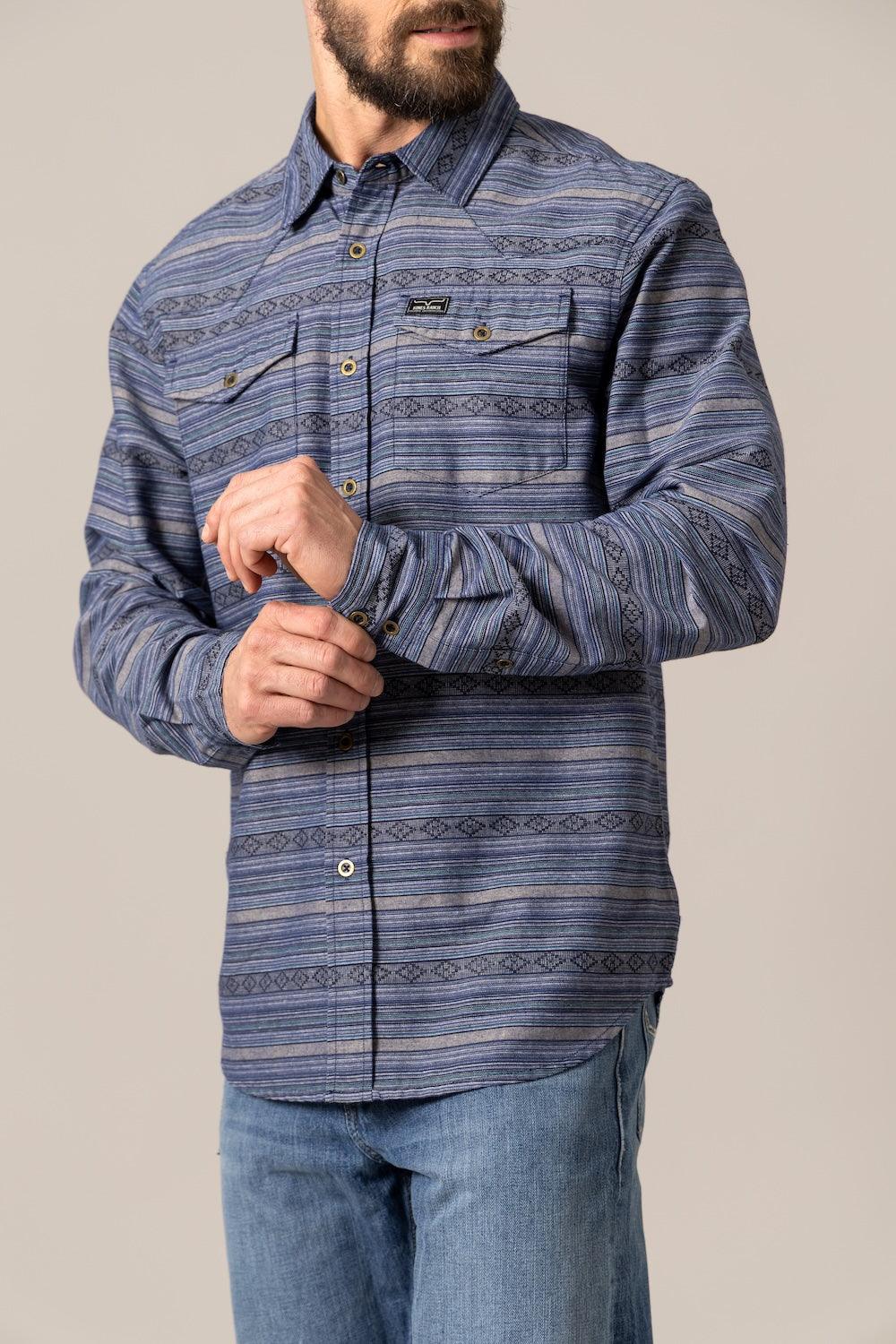 Kimes Ranch Ortega dress shirt in Indigo with horizontal stripes and geometric motifs and two chest pockets