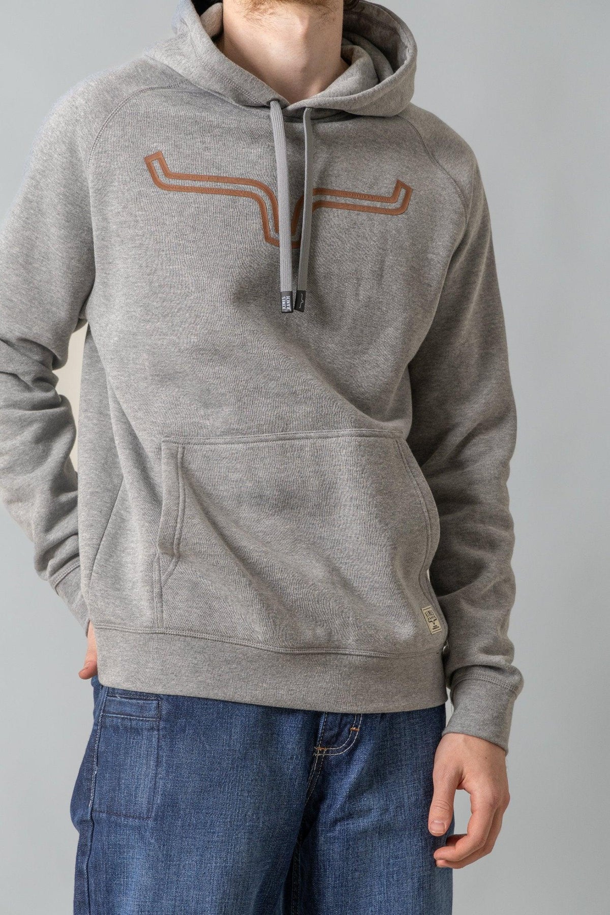Kimes Ranch Outlier Hoodie in Grey Heather with a longhorn logo and kangaroo pocket