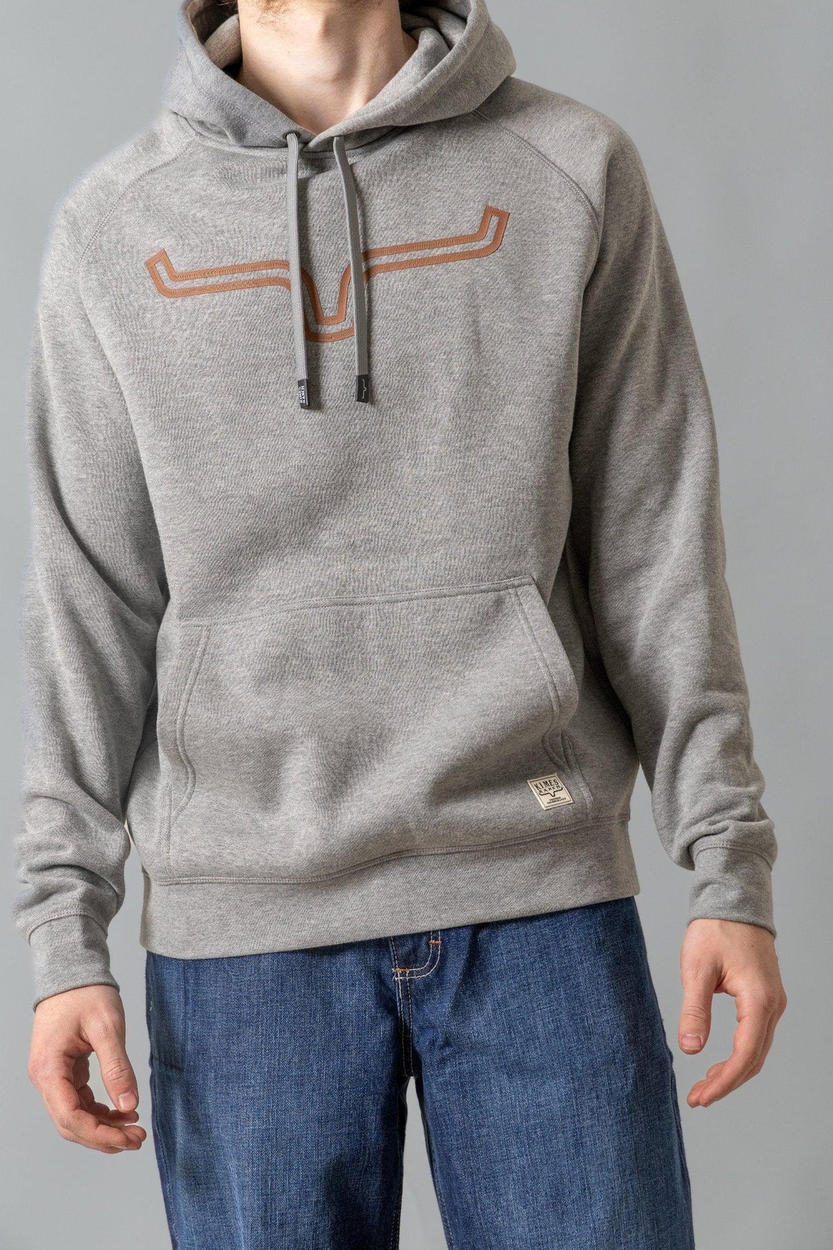 Kimes Ranch Outlier Hoodie in Grey Heather with a longhorn logo graphic on the chest and a front kangaroo pocket