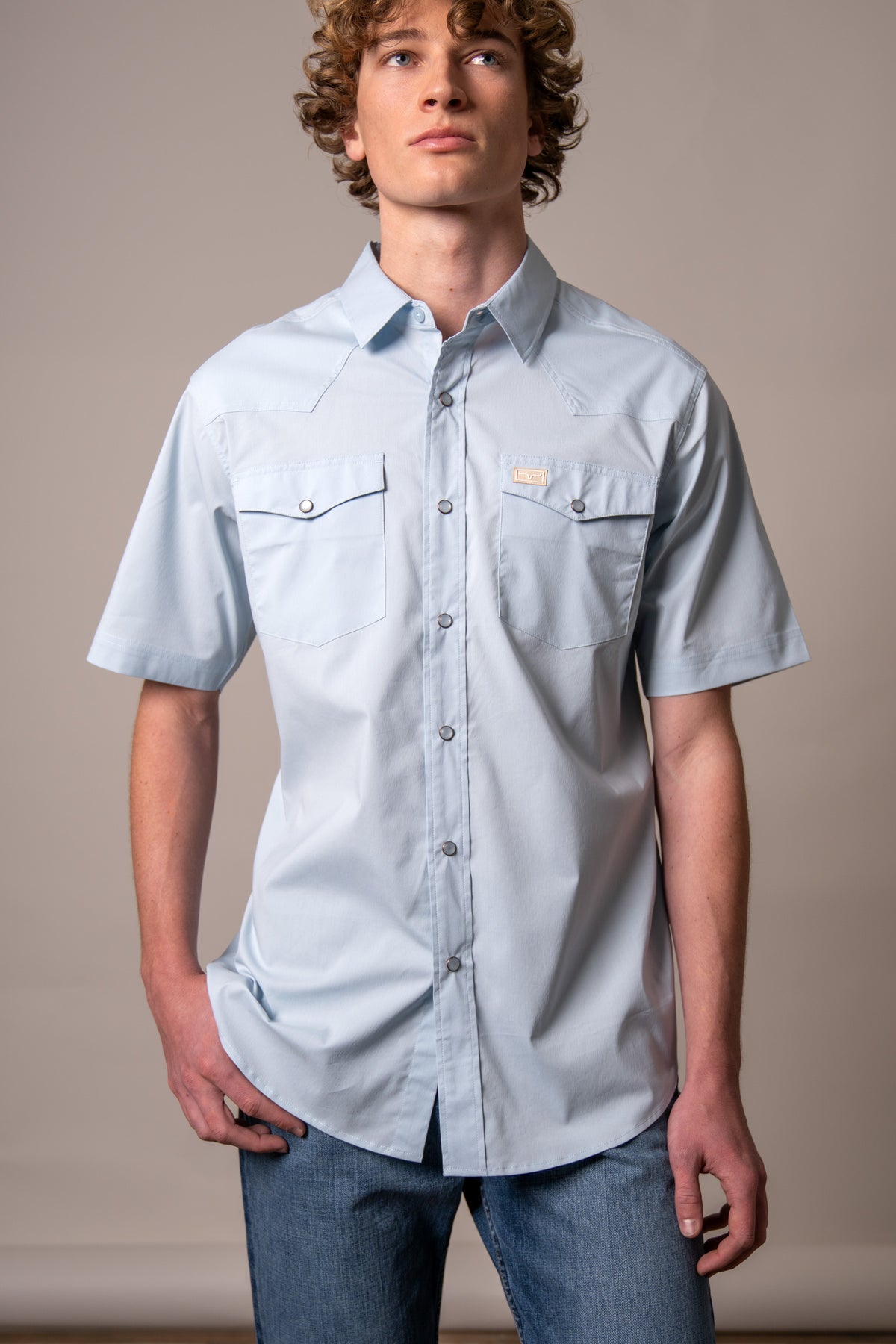 Kimes Ranch Rio Short Sleeve Dress Shirt in Light Blue with a button front and two chest pockets