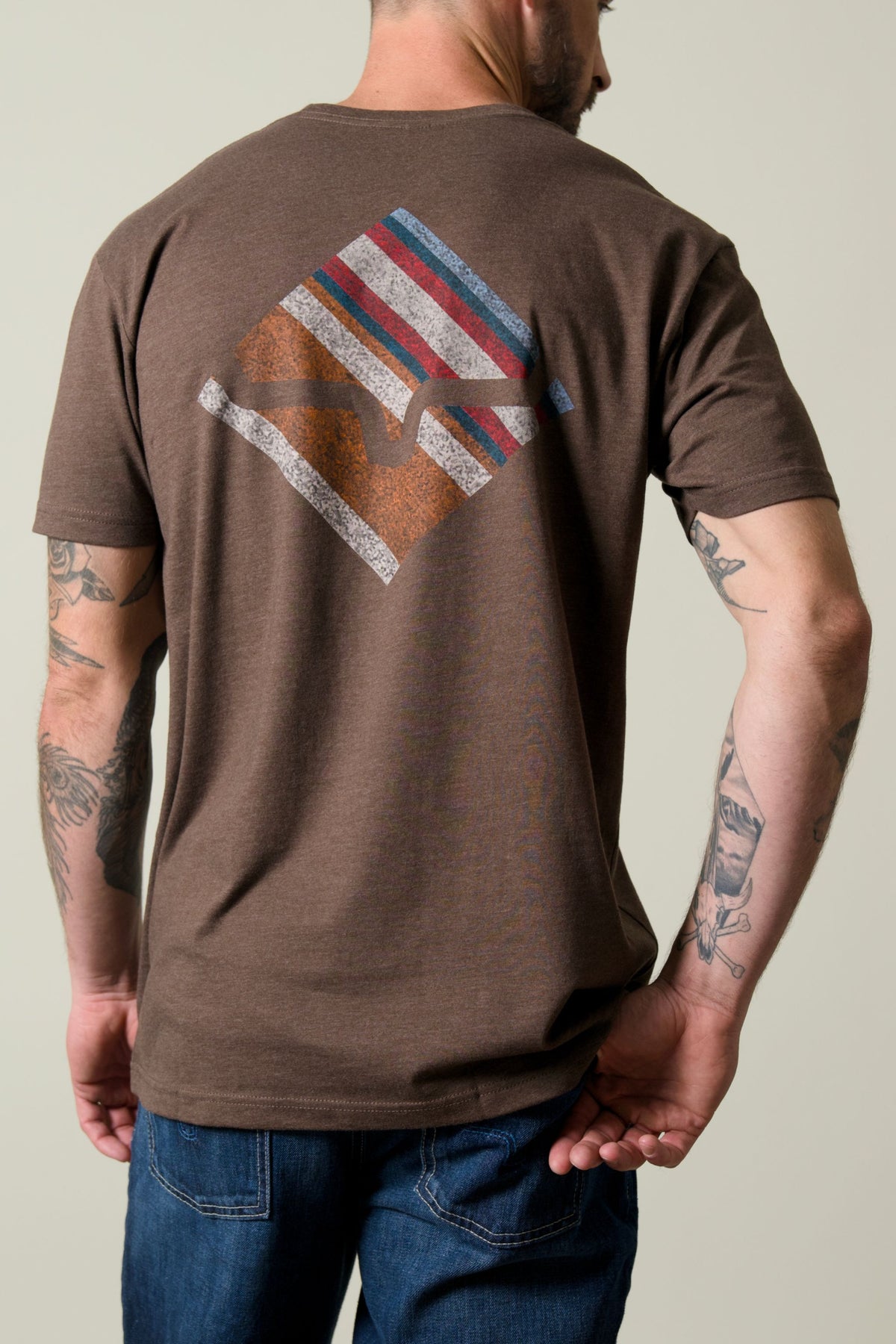 Kimes Ranch Warmth Shirt in Espresso, back view, with a large back graphic of a diamond shape featuring red, white