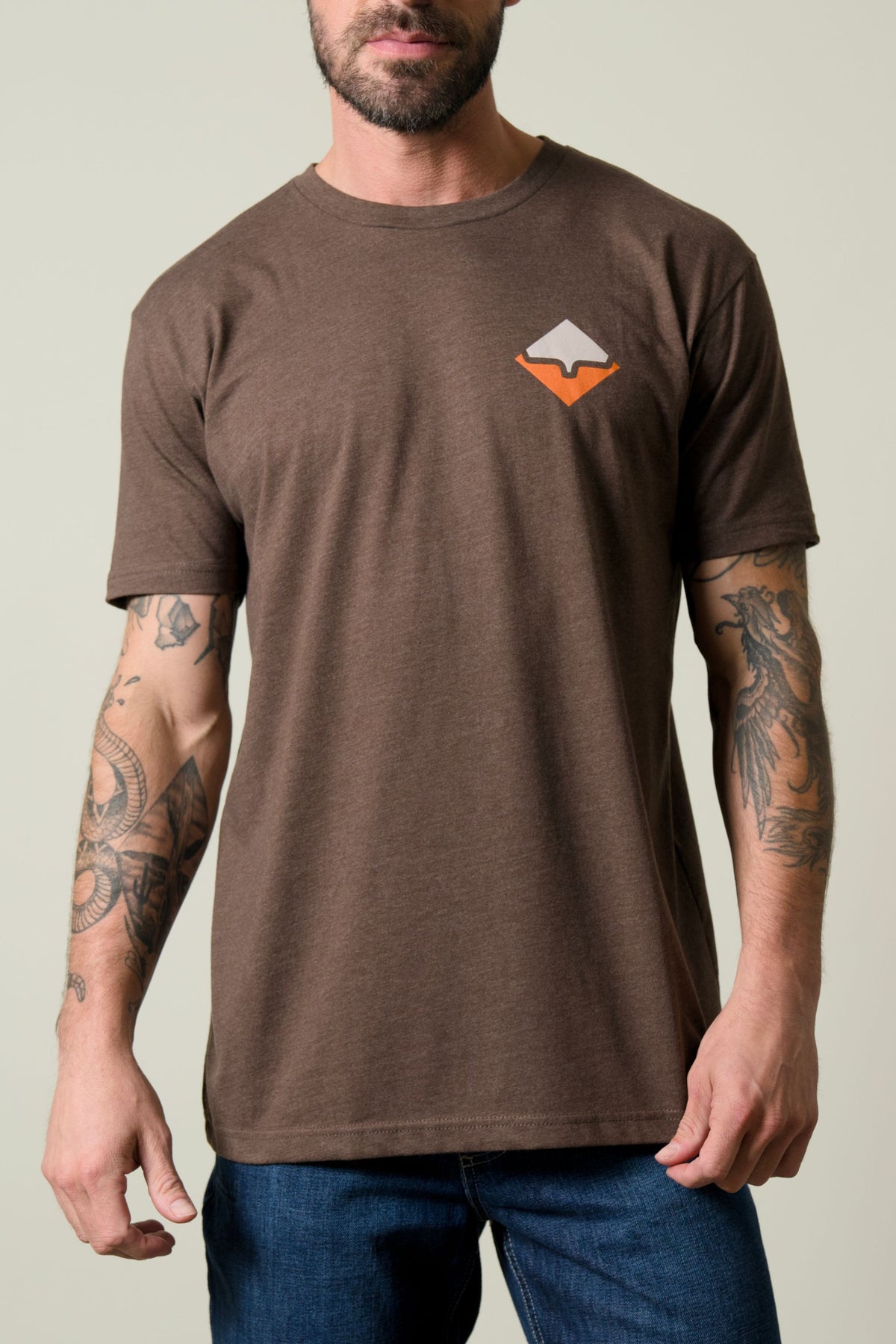 Kimes Ranch Warmth Shirt in brown with a chest graphic of a white and orange diamond shape