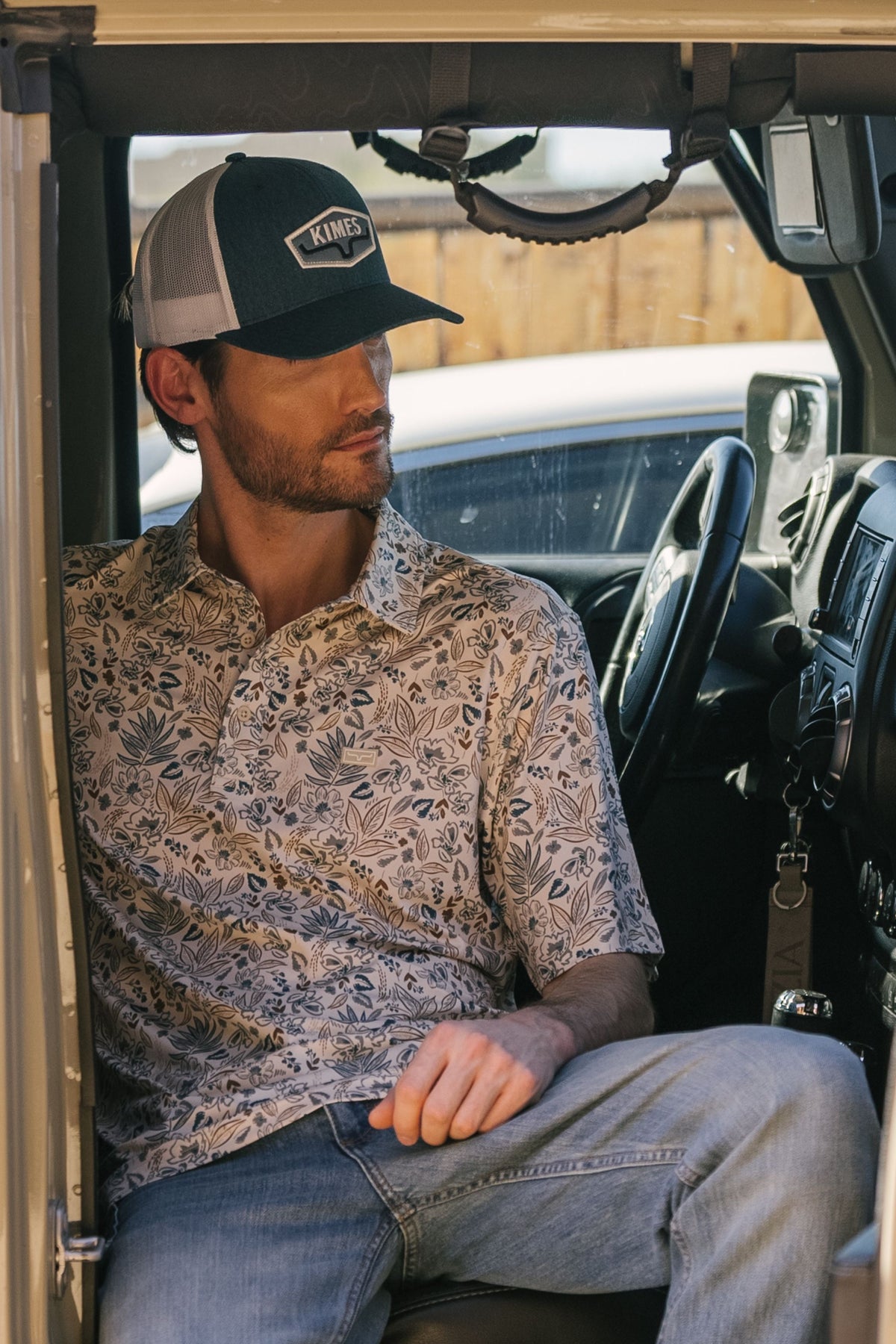 Kimes Ranch Bartram polo in Natural with a floral print and short sleeves