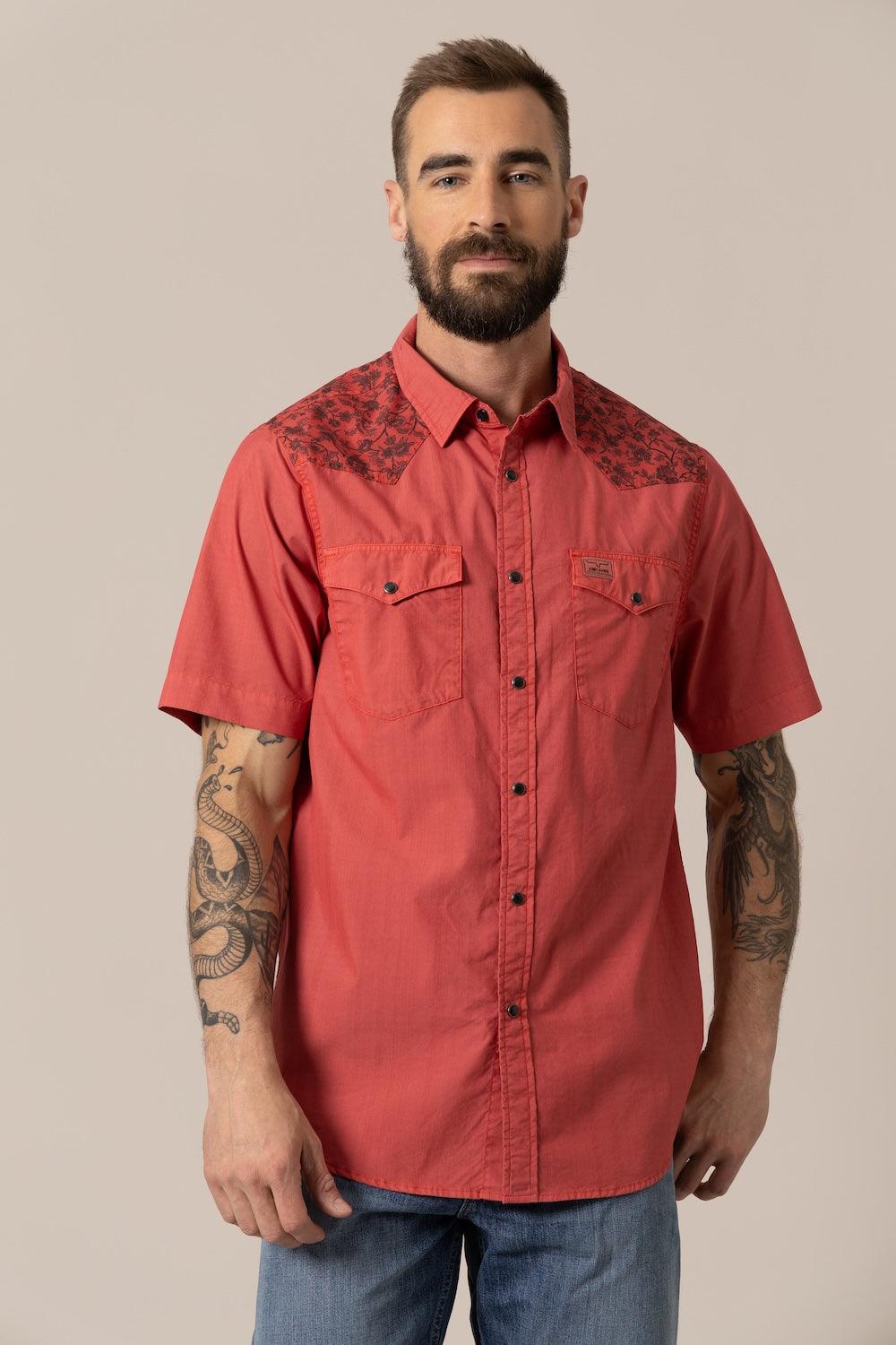 Kimes Ranch Medina Red short sleeve dress shirt with black floral yoke and two button flap chest pockets
