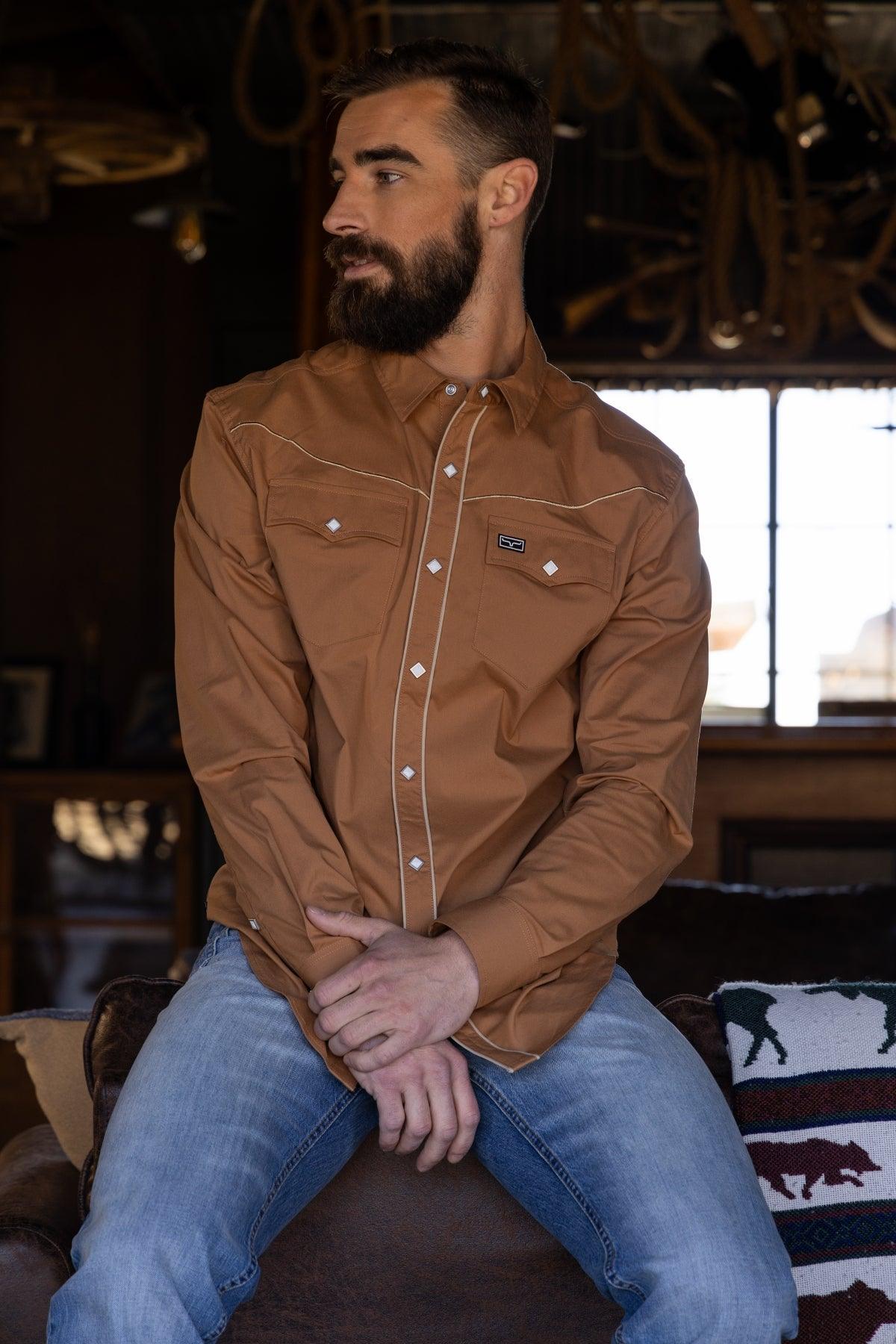 Kimes Ranch Laneboro dress shirt in Work Wear Brown with contrast stitching and two chest pockets