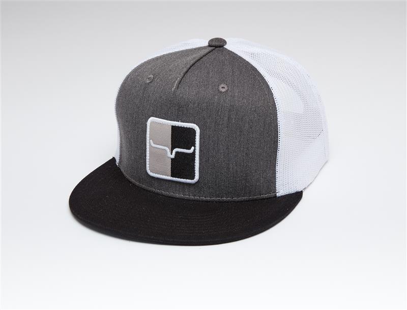 Kimes Ranch Mirror Trucker Hat in Charcoal Heather, side view, with white mesh back and black brim