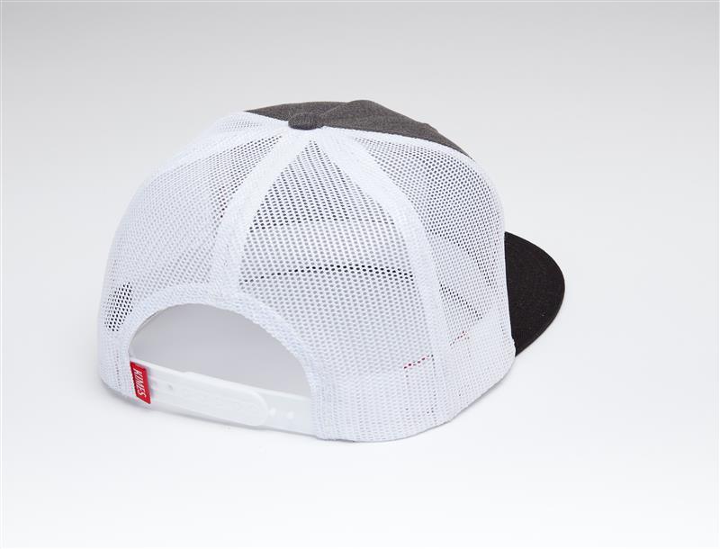 Kimes Ranch Mirror Trucker Hat in Charcoal Heather, back view, with white mesh back and adjustable strap