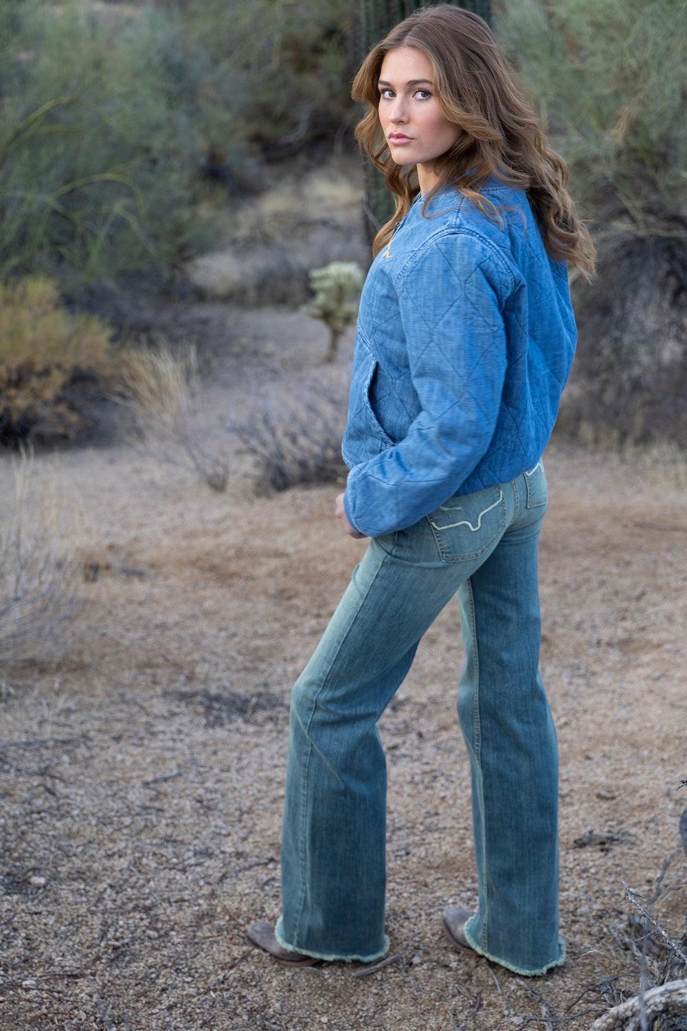 Kimes Ranch Olivia jeans in Light Wash, side view, with flared leg and contrast stitching