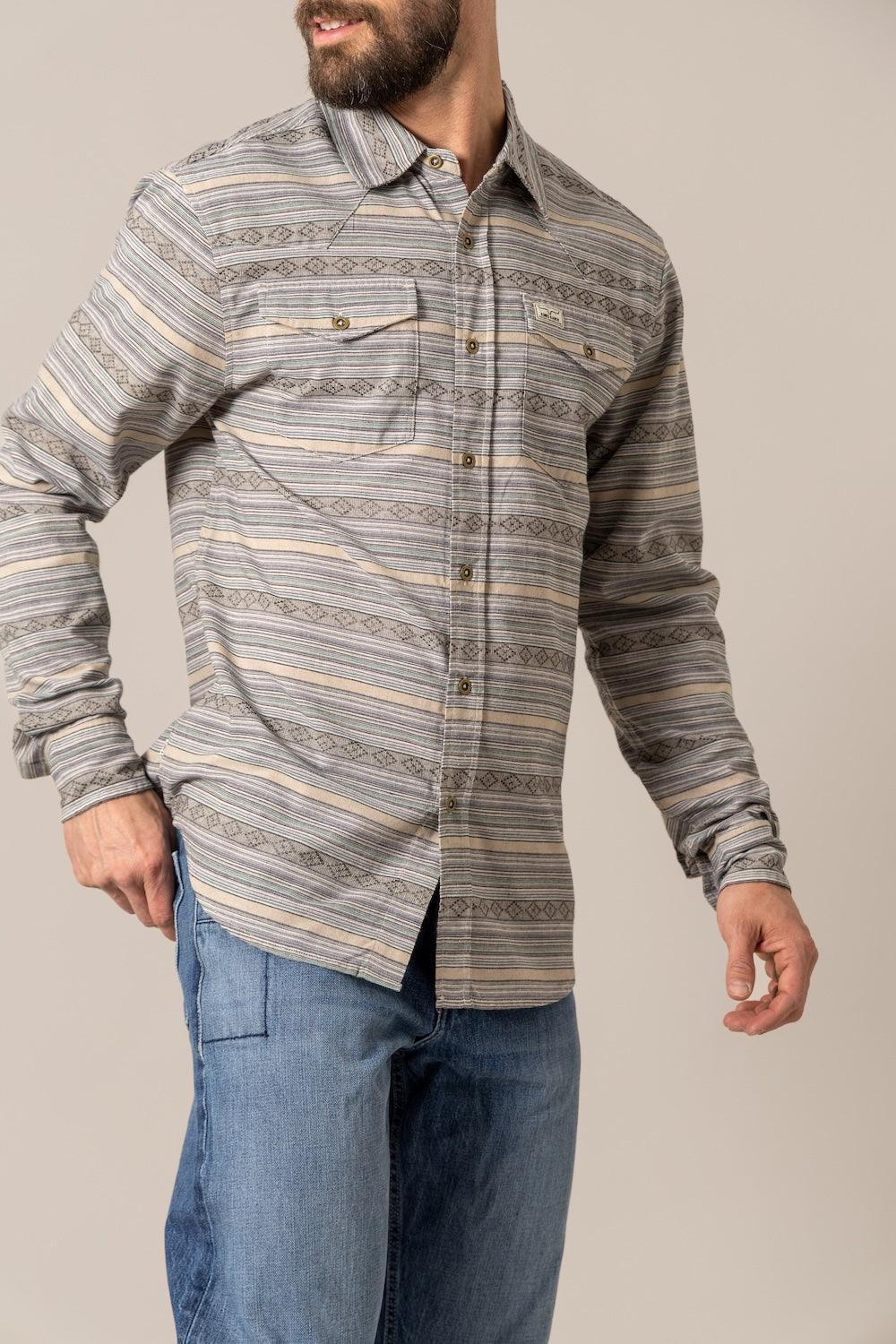 Kimes Ranch Ortega dress shirt in Chalk with horizontal stripes and diamond motifs, two chest pockets with button flaps