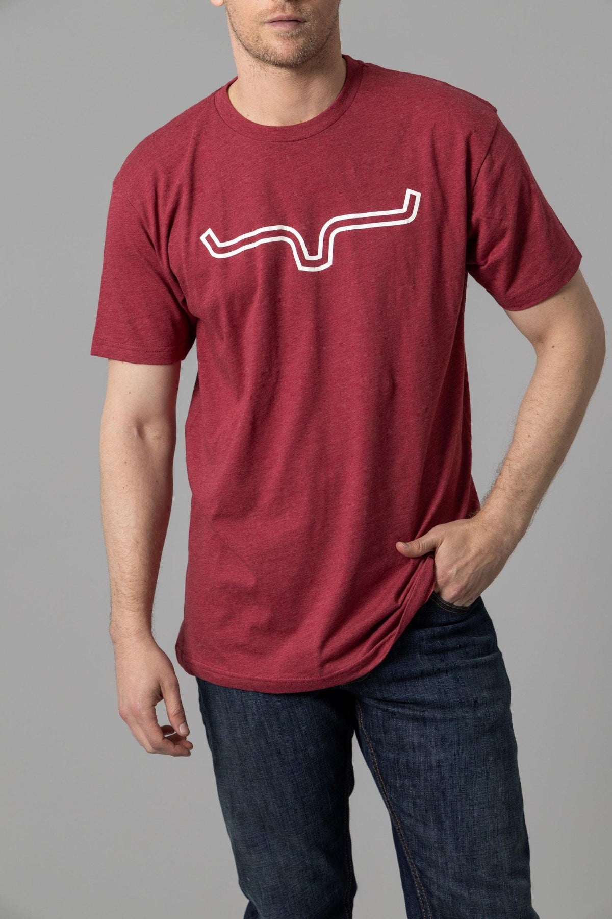 Kimes Ranch Outlier Shirt in Cardinal with a white graphic of a winding road on the chest