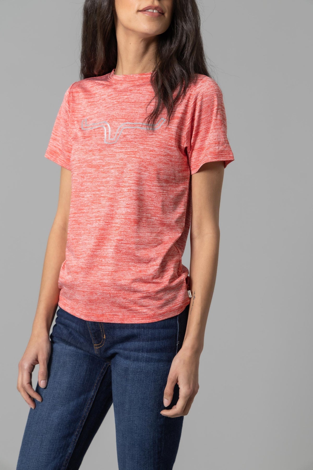 Kimes Ranch Ladies Outlier Tech Tee Shirt in Baked Apple Heather with a silver logo graphic on the chest