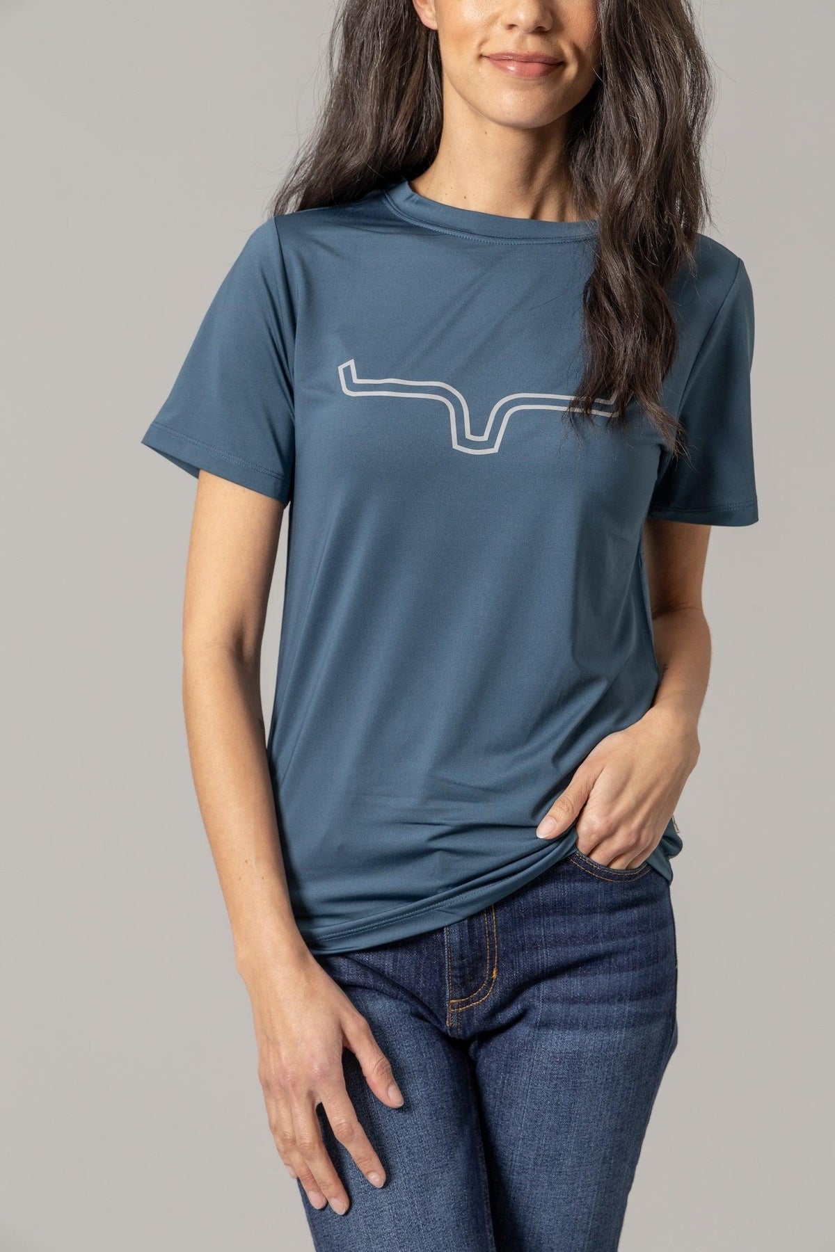 Kimes Ranch Ladies Outlier Tech Tee Shirt in Major Blue with a white outline steer logo on the chest