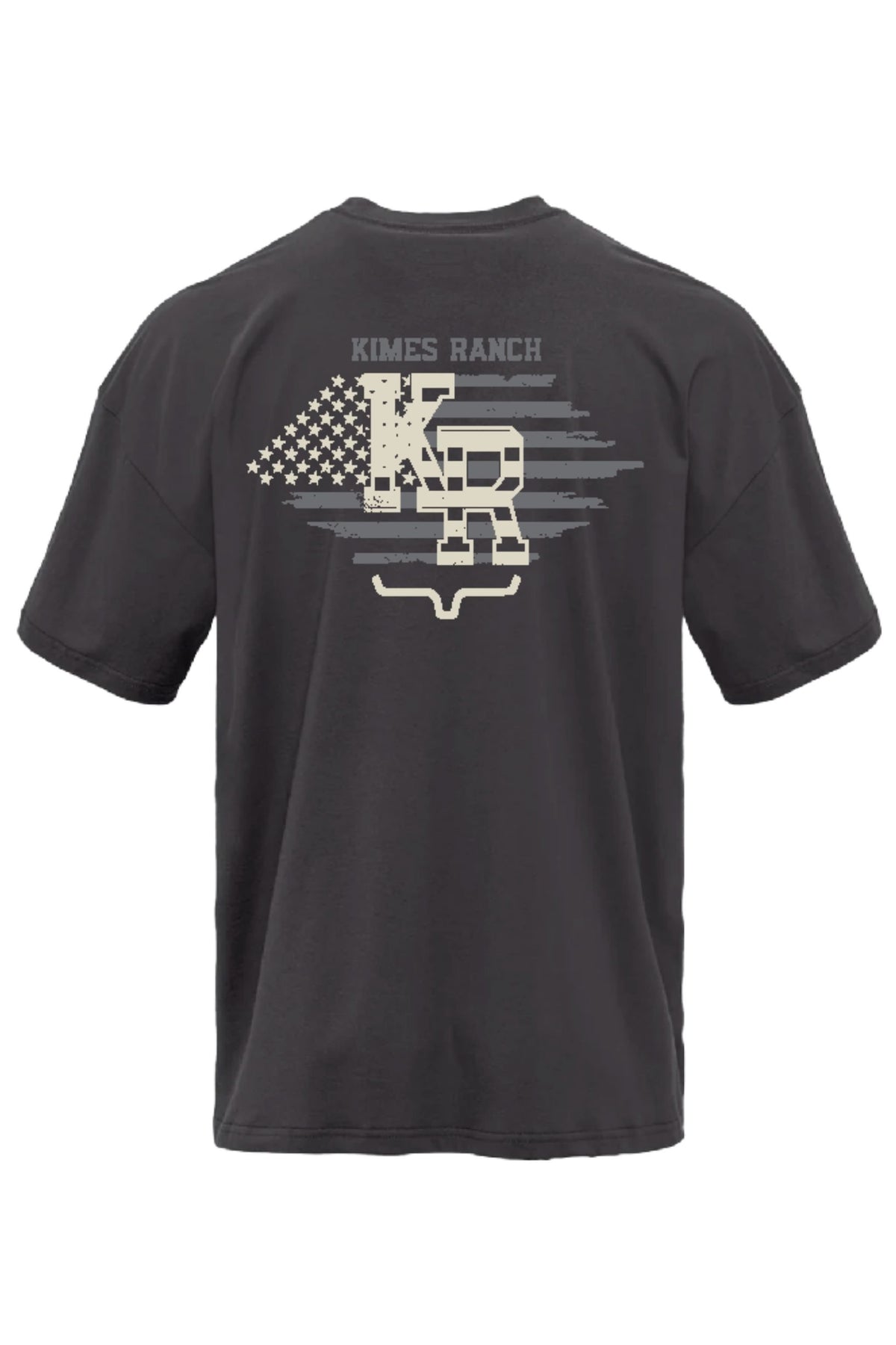 Kimes Ranch Red Glare shirt in Graphite Black with a back graphic featuring the Kimes Ranch logo over a distressed American