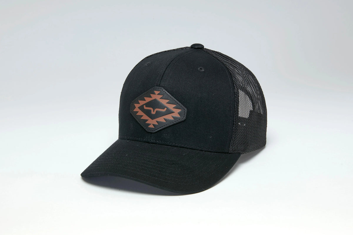 Kimes Ranch San Juan Black trucker hat with a front Kimes Ranch logo patch
