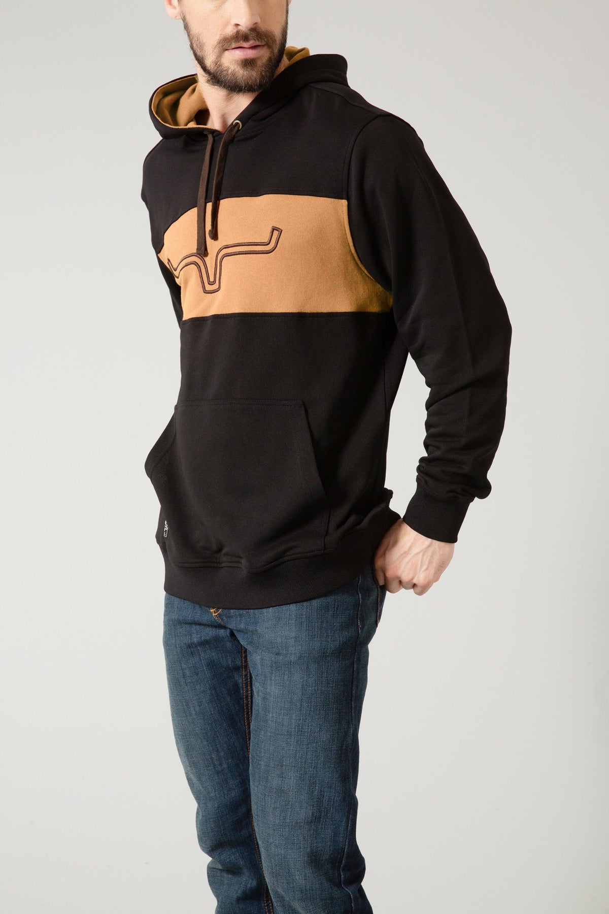 Kimes Ranch Ripon Hoodie in Black with a tan chest panel and embroidered Kimes Ranch logo with kangaroo pocket
