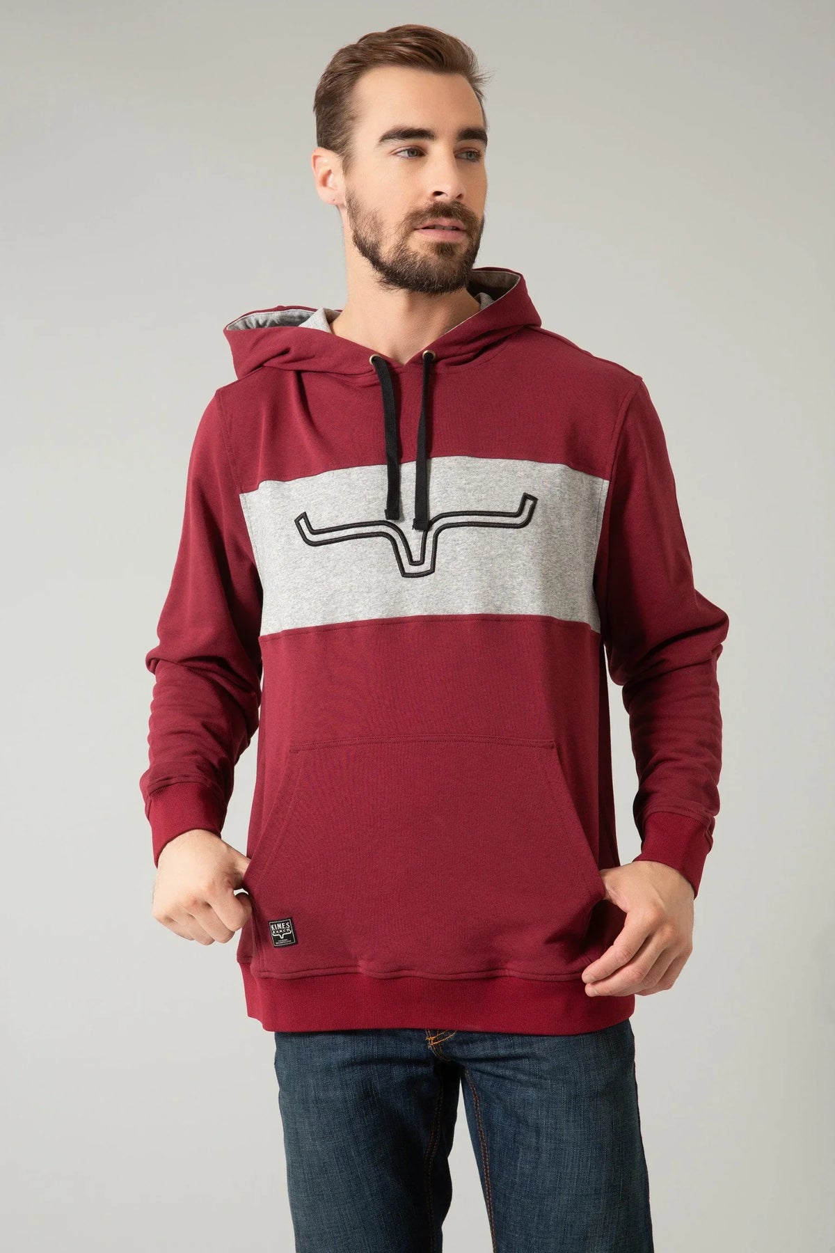 Kimes Ranch Ripon Hoodie in Burgundy with a grey chest panel and Kimes Ranch logo